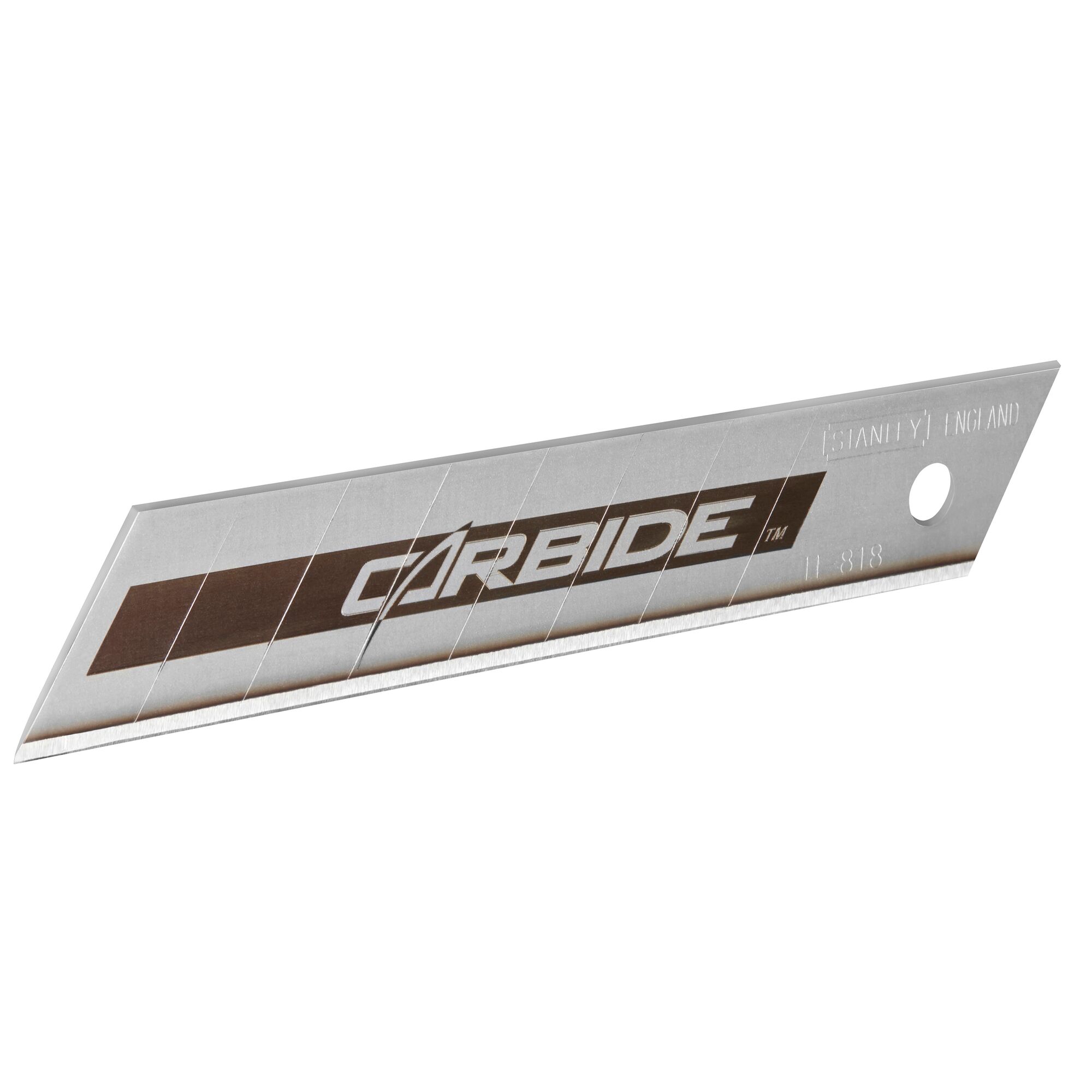 Stanley carbide segmented utility knife blade with hole for attachment, suitable for precise cutting tasks.