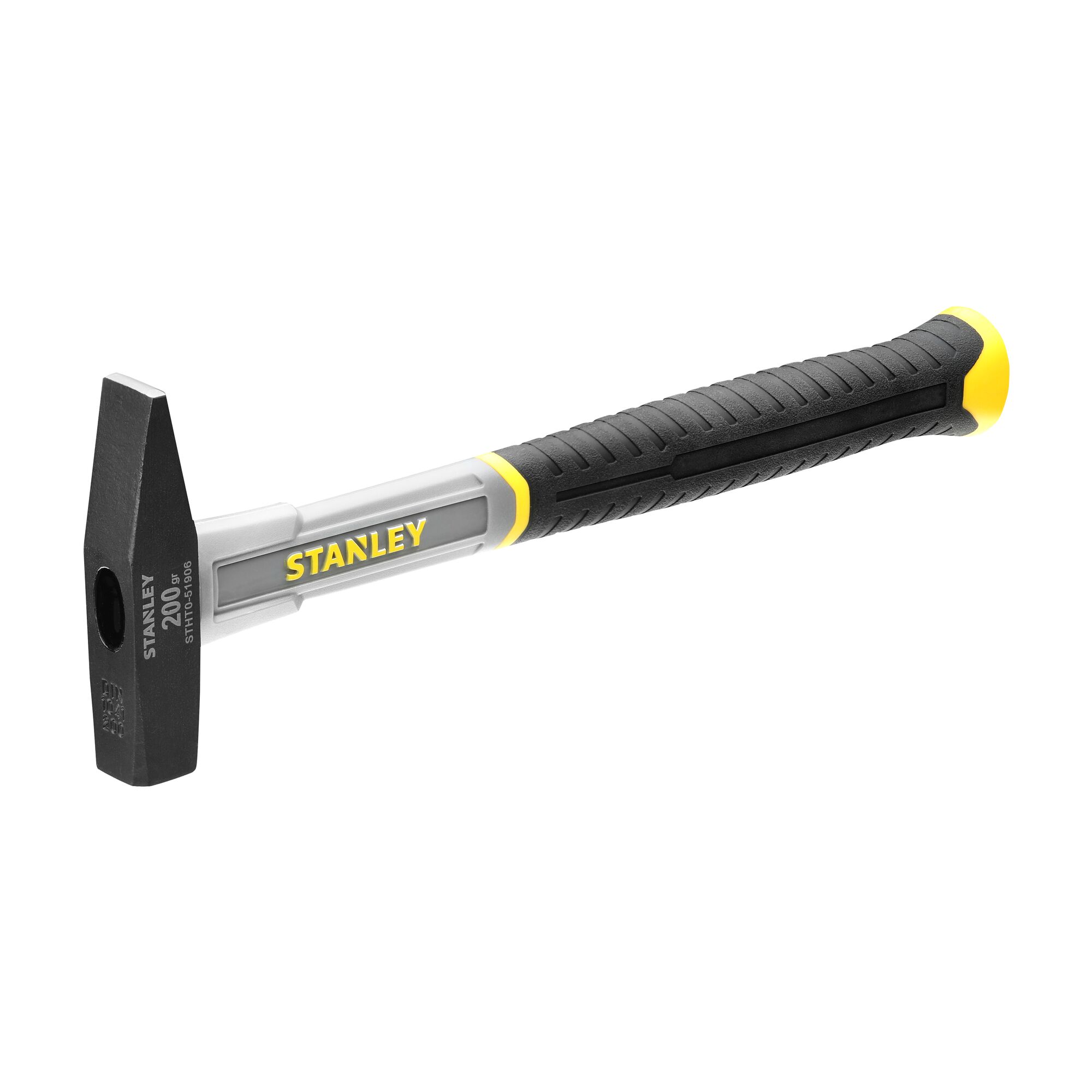 Stanley hammer STHT0-51906 with black and yellow handle, side angle, on white background.