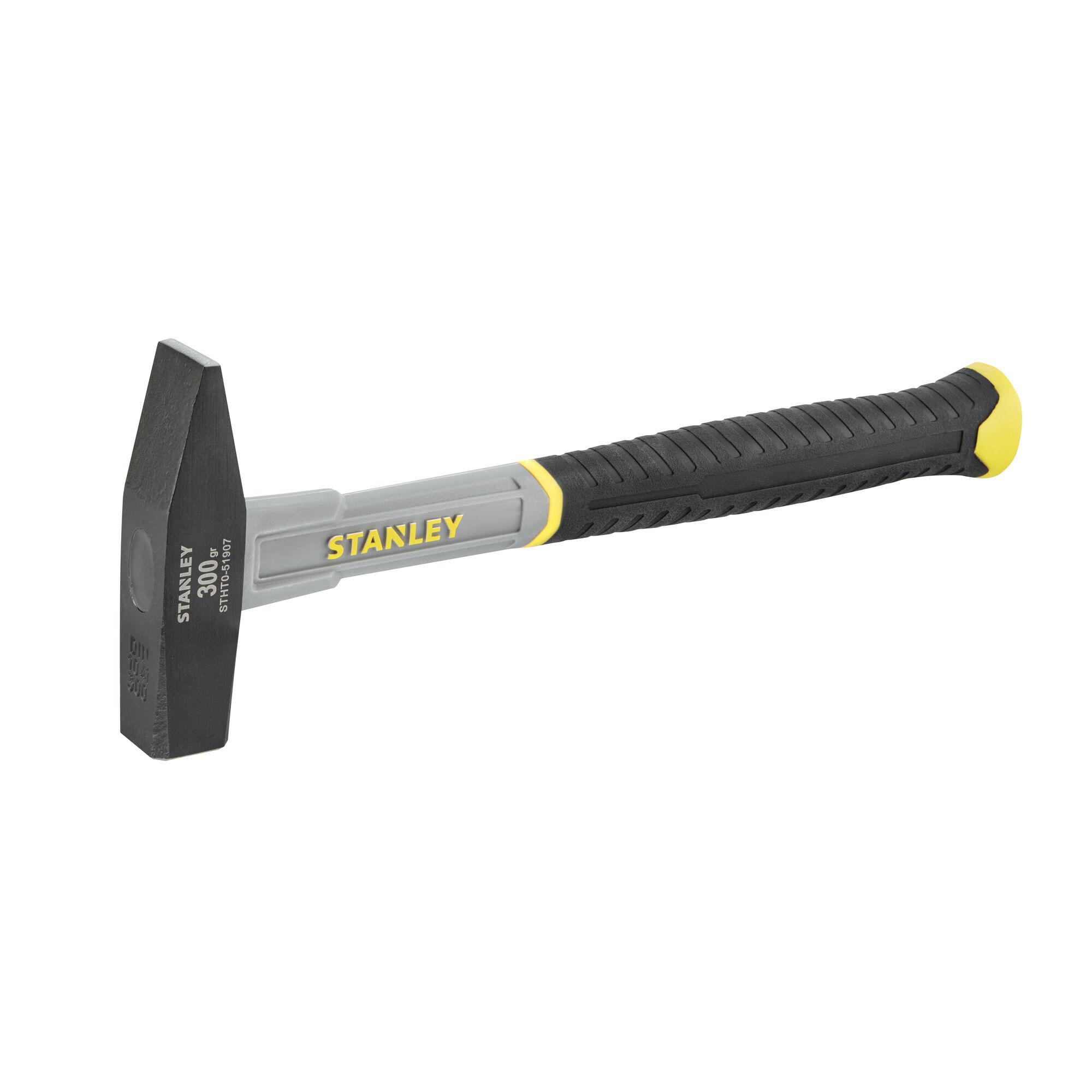 Stanley 300g hammer with a black and yellow handle and metal head shown on white background.