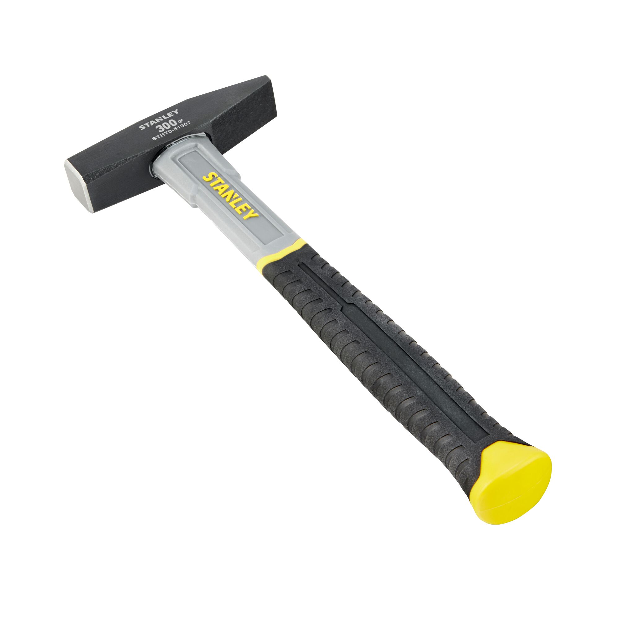 STANLEY STHT0-51907 hammer with black head, grey and black handle, yellow accents, angled view, white background.