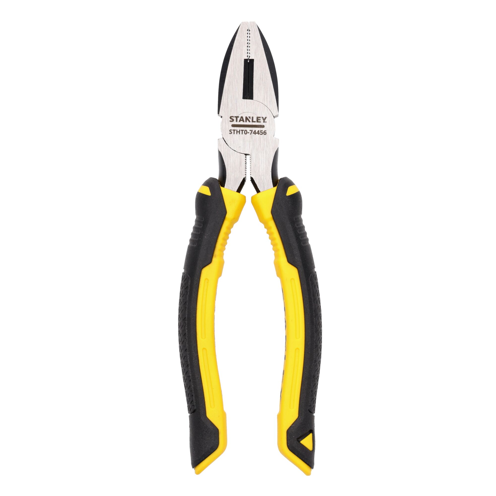 Stanley STHT0-74456 combination pliers with black and yellow handles, shown against a white background.