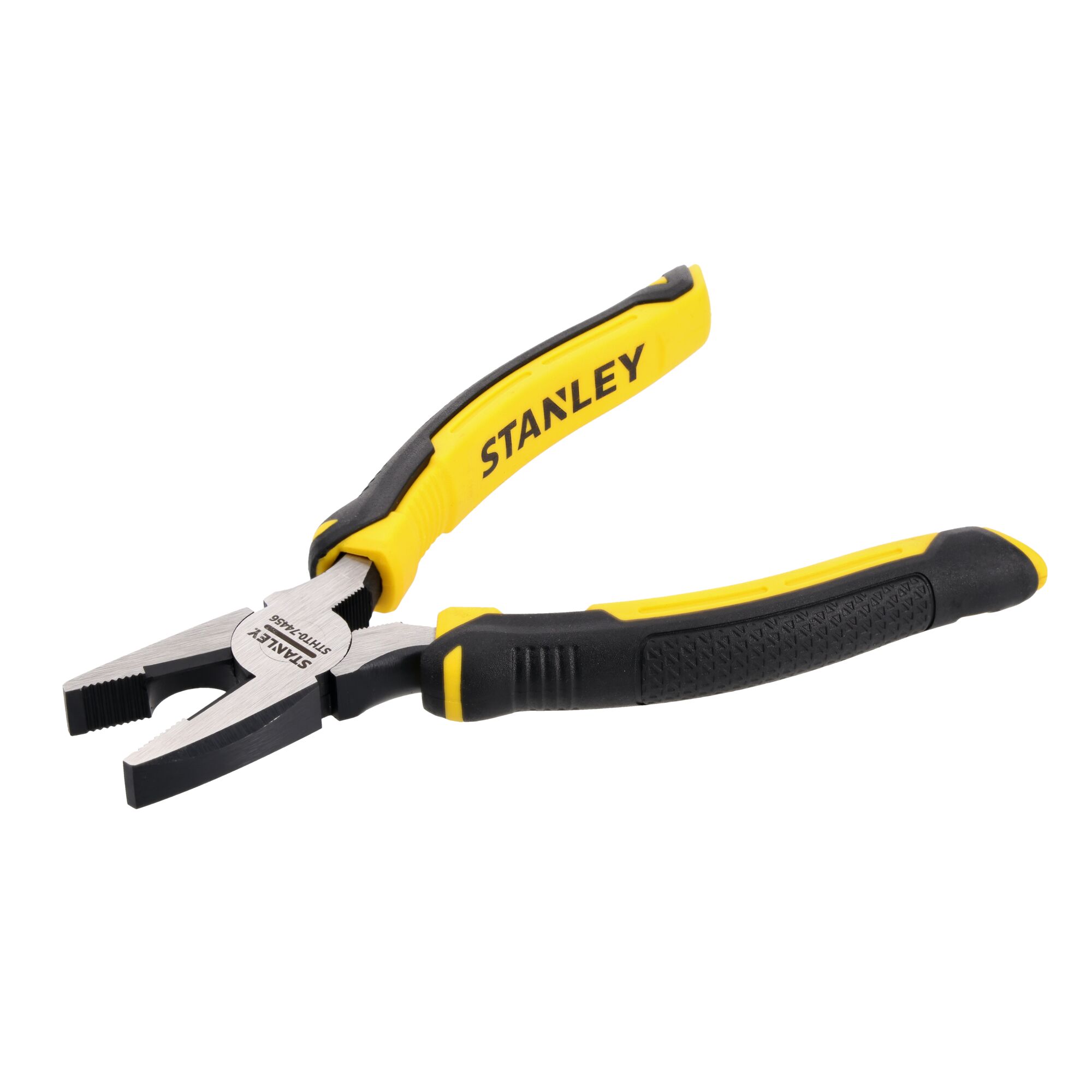 Stanley combination pliers with yellow and black handles, shown on a white background.