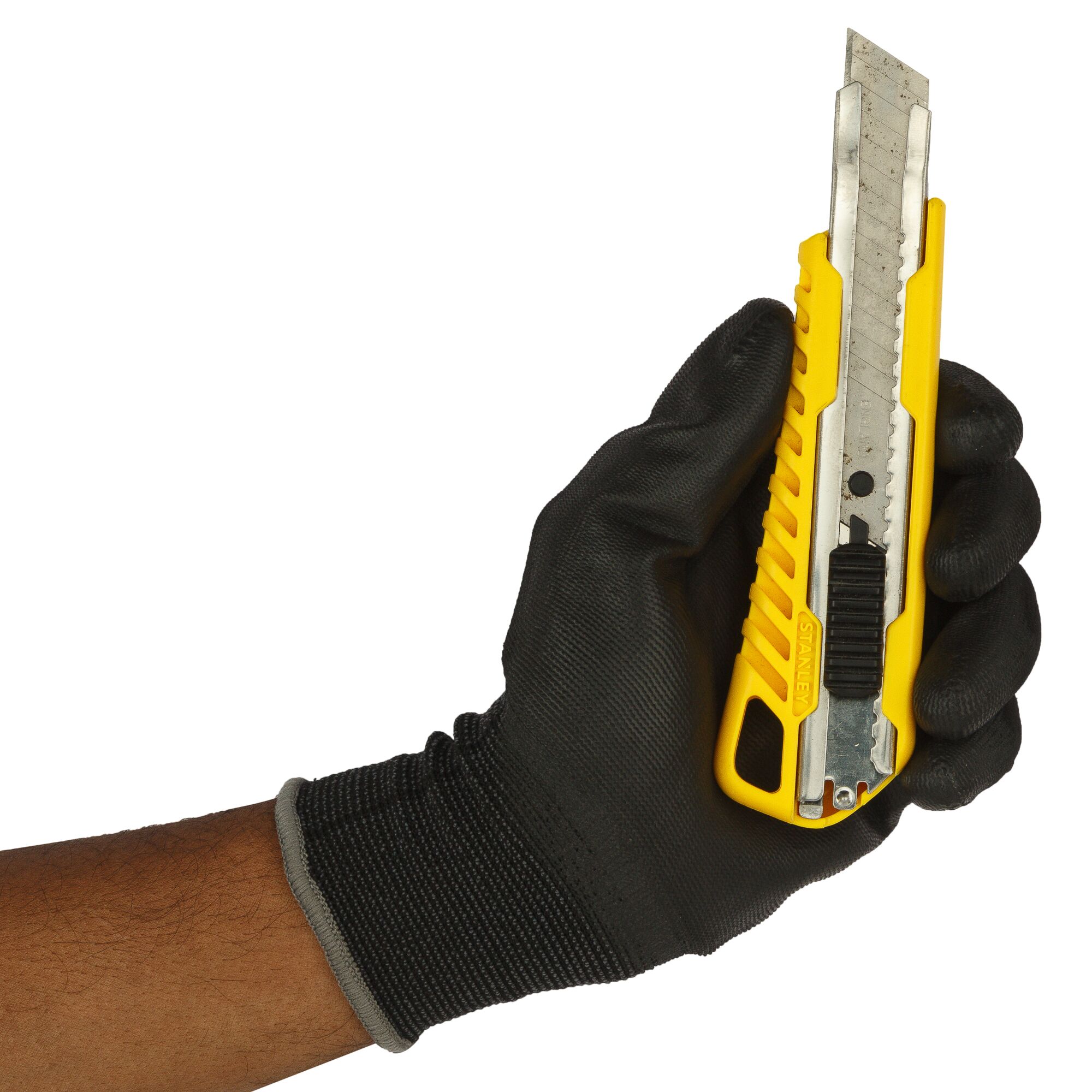Photo of STANLEY STHT10276-812 utility knife with yellow handle held in a gloved hand.