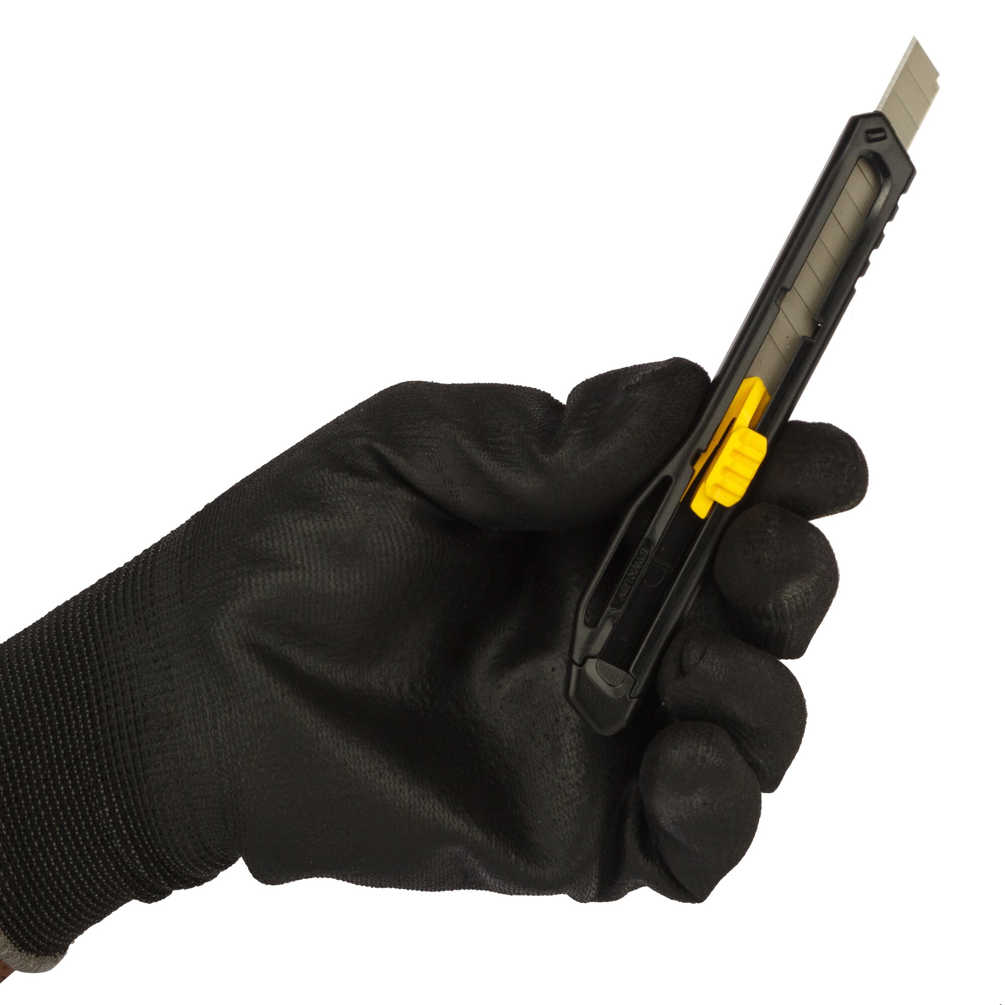 Photo of a hand in a black glove holding a STANLEY STHT10322-800 utility knife, side view, with yellow slider.