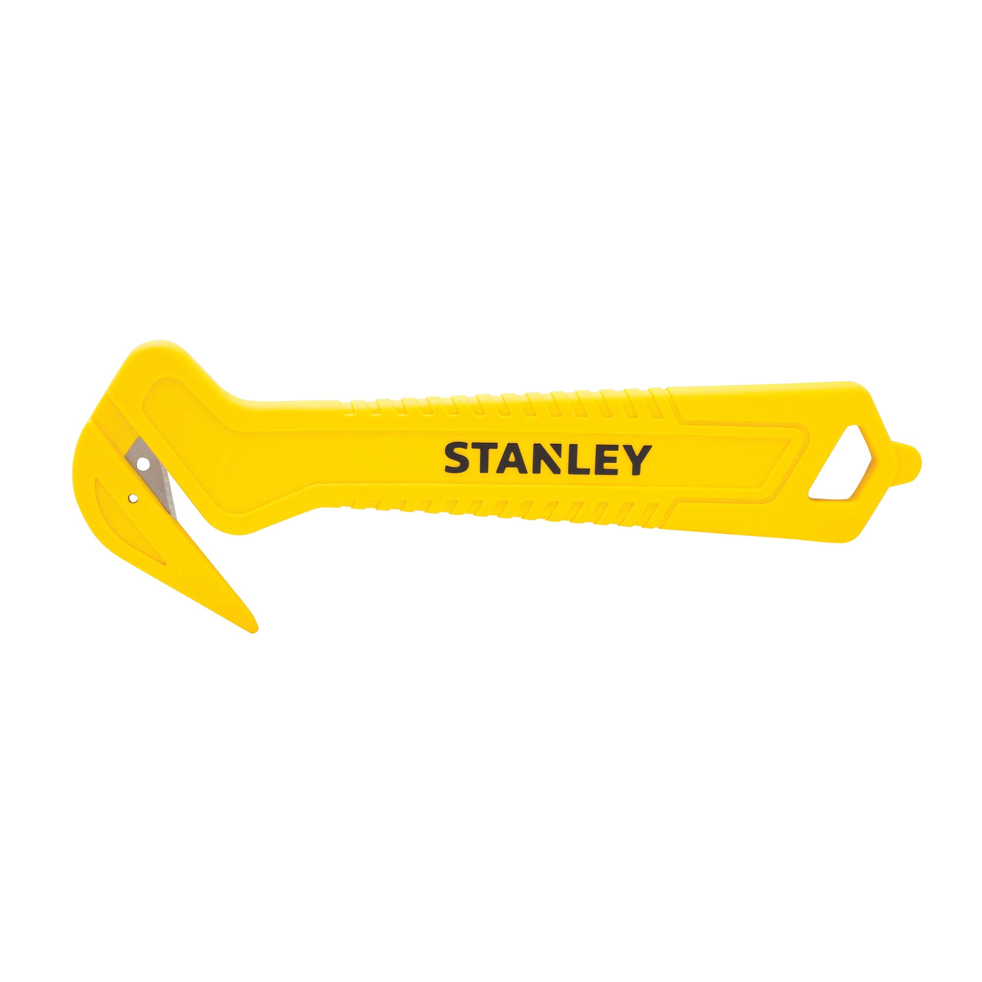Front angle of STANLEY yellow safety cutter with hooked blade and ergonomic handle on white background.