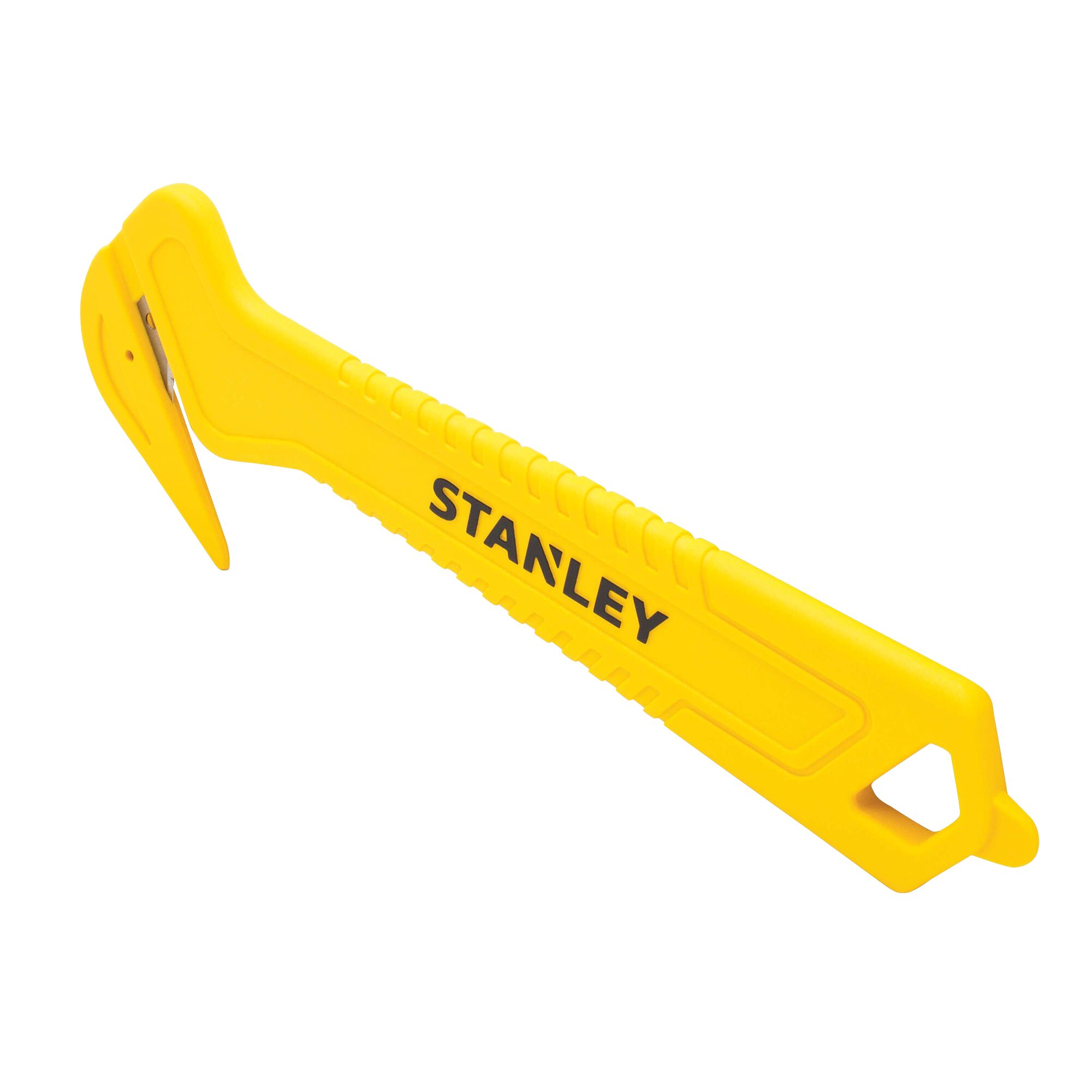 Stanley yellow plastic safety cutter with hooked blade, angled side view on white background