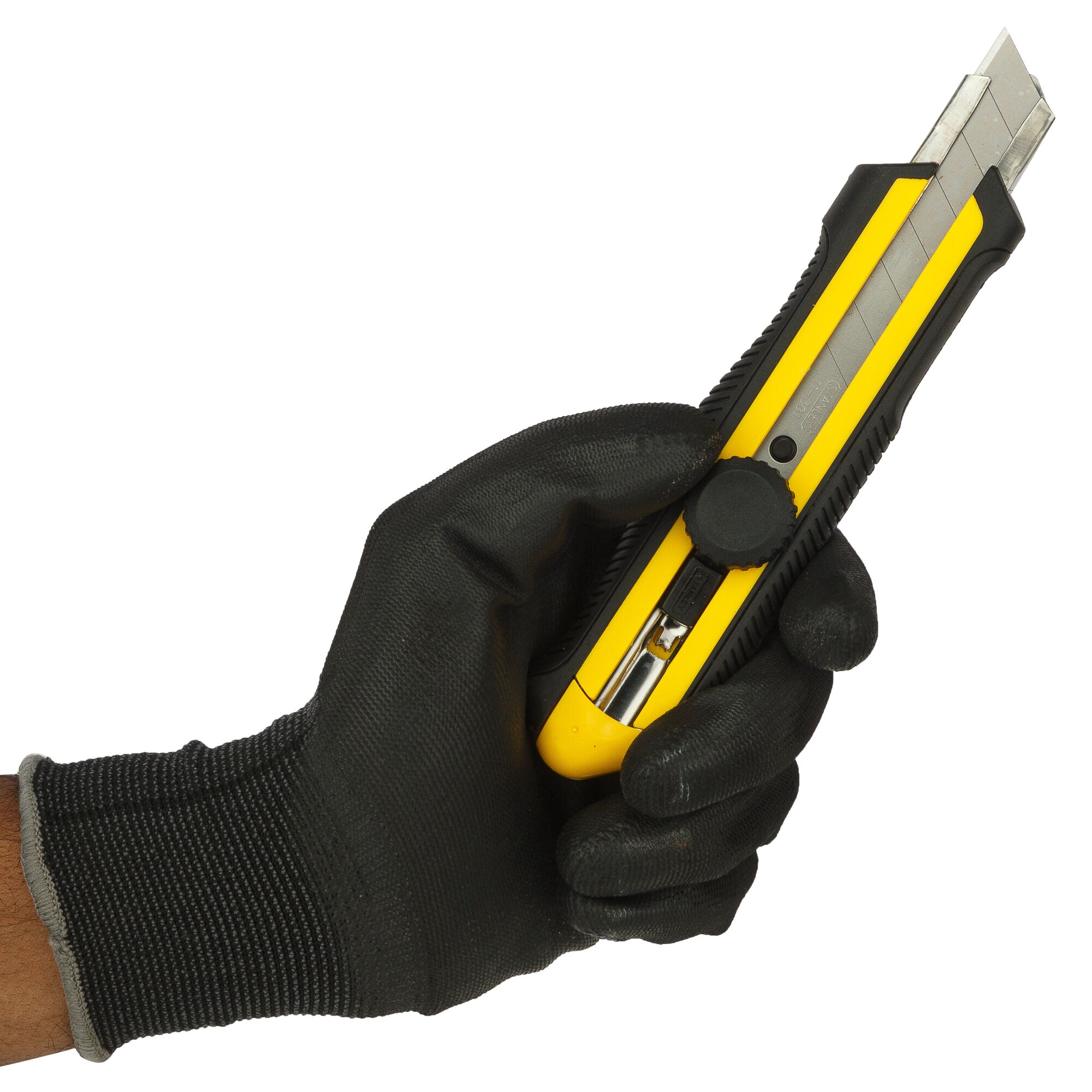 Photo of STANLEY STHT10418-812 utility knife held in a gloved hand, yellow and black handle, side angle.
