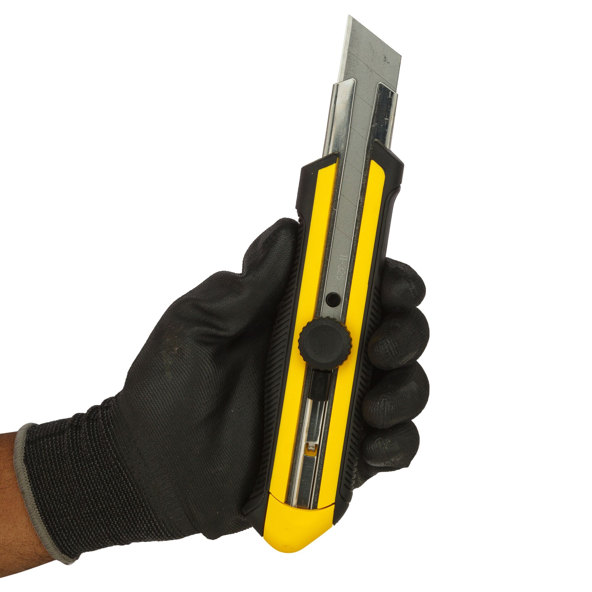 STANLEY STHT10425-812 snap-off utility knife with yellow and black handle, held in gloved hand, side view