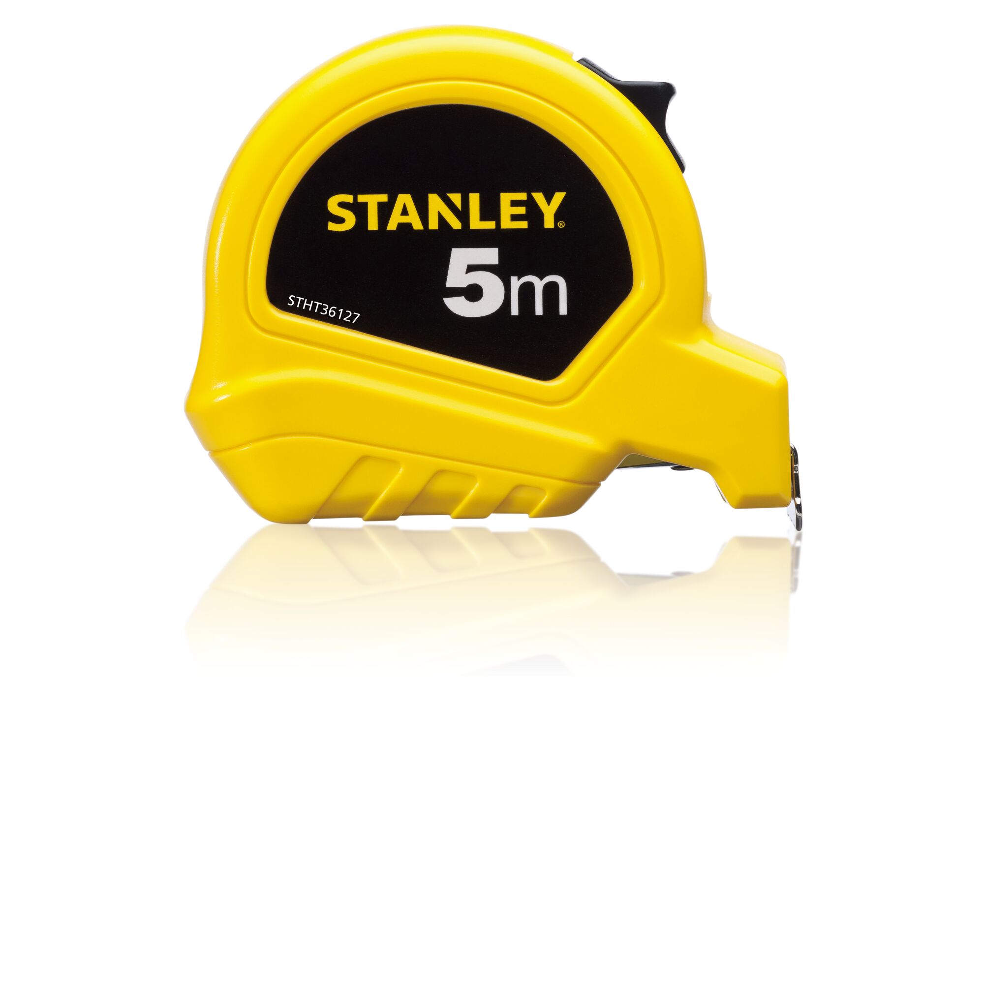 STANLEY STHT36127-812 yellow 5m tape measure, left side view, on white background.