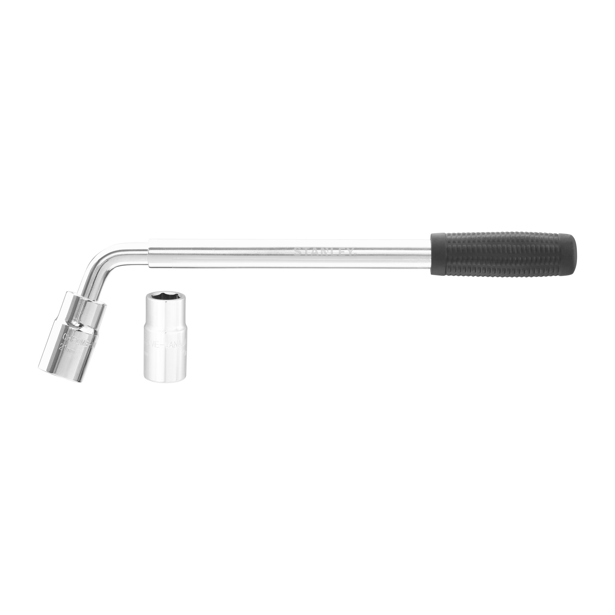 STANLEY STHT80890-0 L-shaped lug wrench with two sockets, black grip, front angle photo.