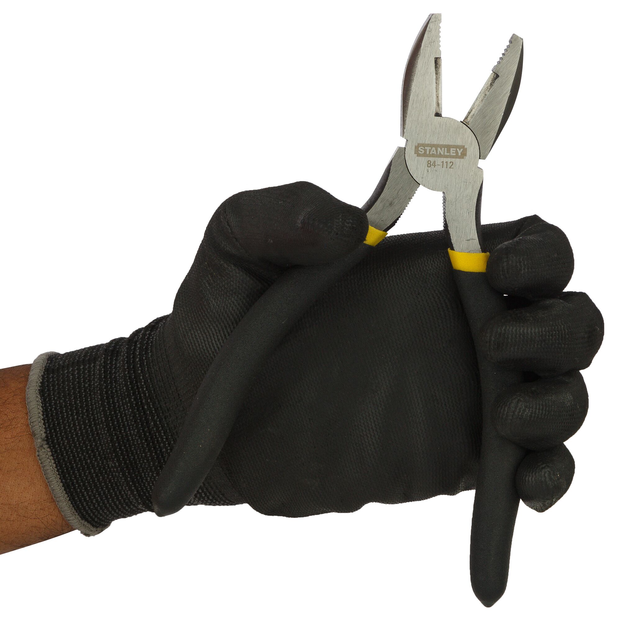 Photo of STANLEY STHT84112-8 pliers held in a gloved hand, front angle.