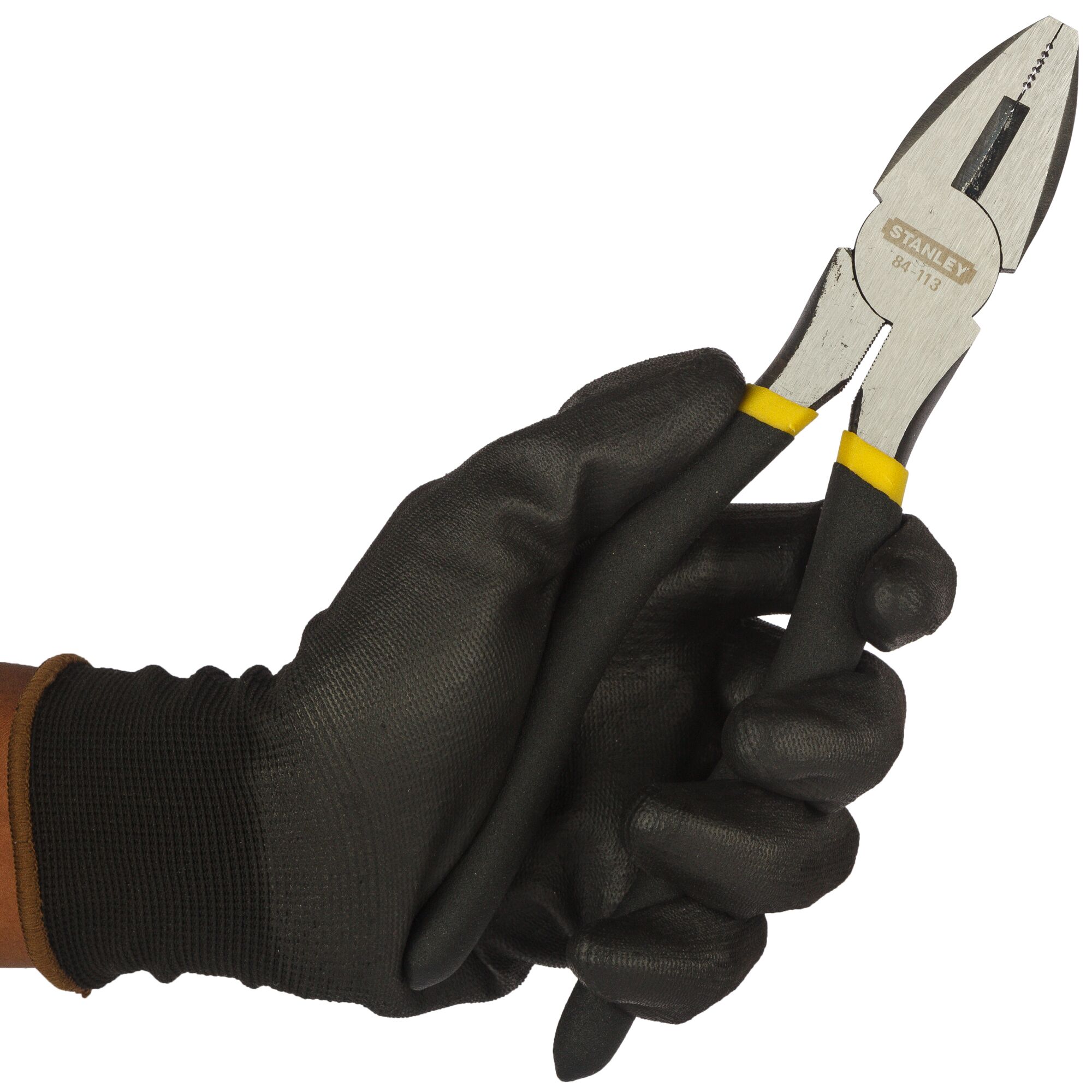 Photo of STANLEY STHT84113-8 pliers with black and yellow handles held by a gloved hand.