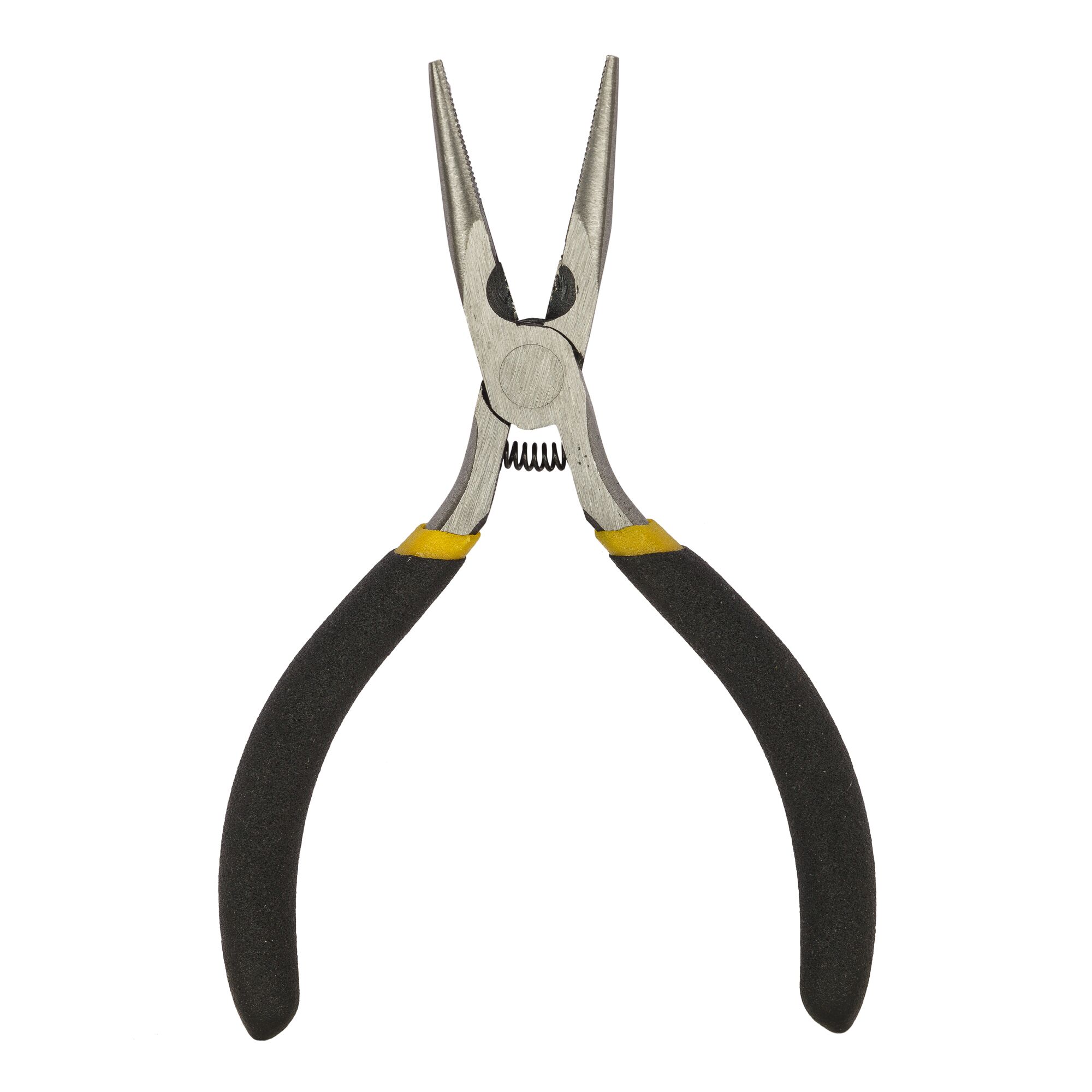 STANLEY STHT84119-8 long nose pliers with black and yellow handles, front angle, on white background