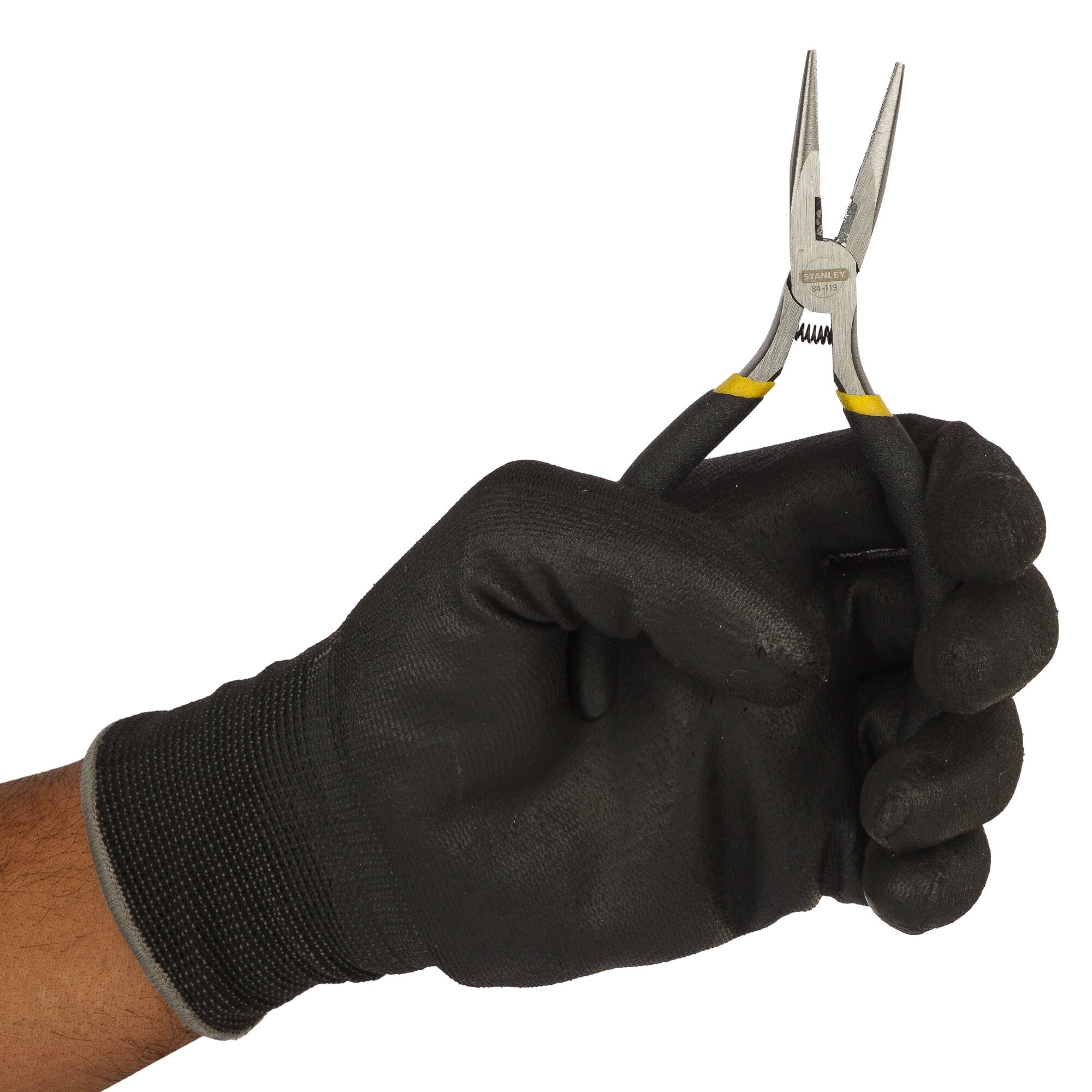 A gloved hand holding Stanley STHT84119-8 long nose pliers against a white background.