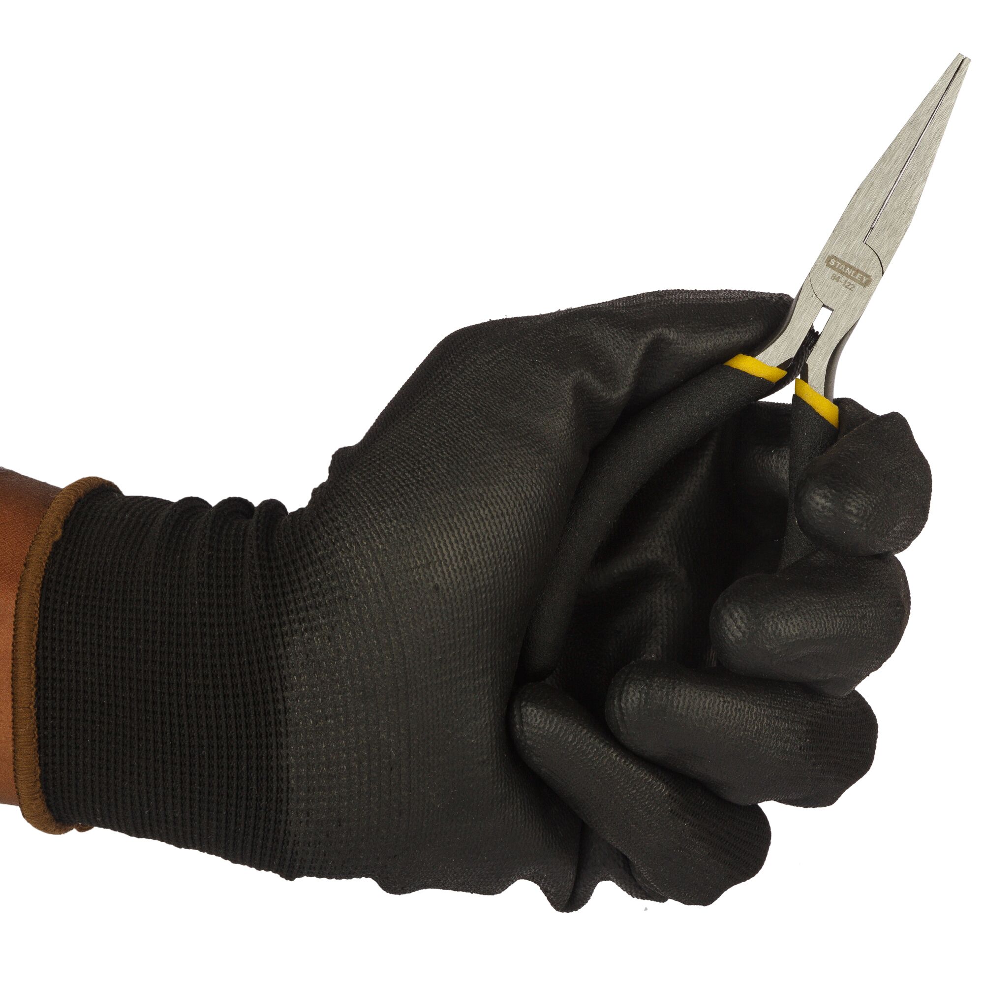 STANLEY STHT84122-8 long nose pliers held in gloved hand, side view, black and yellow handle.