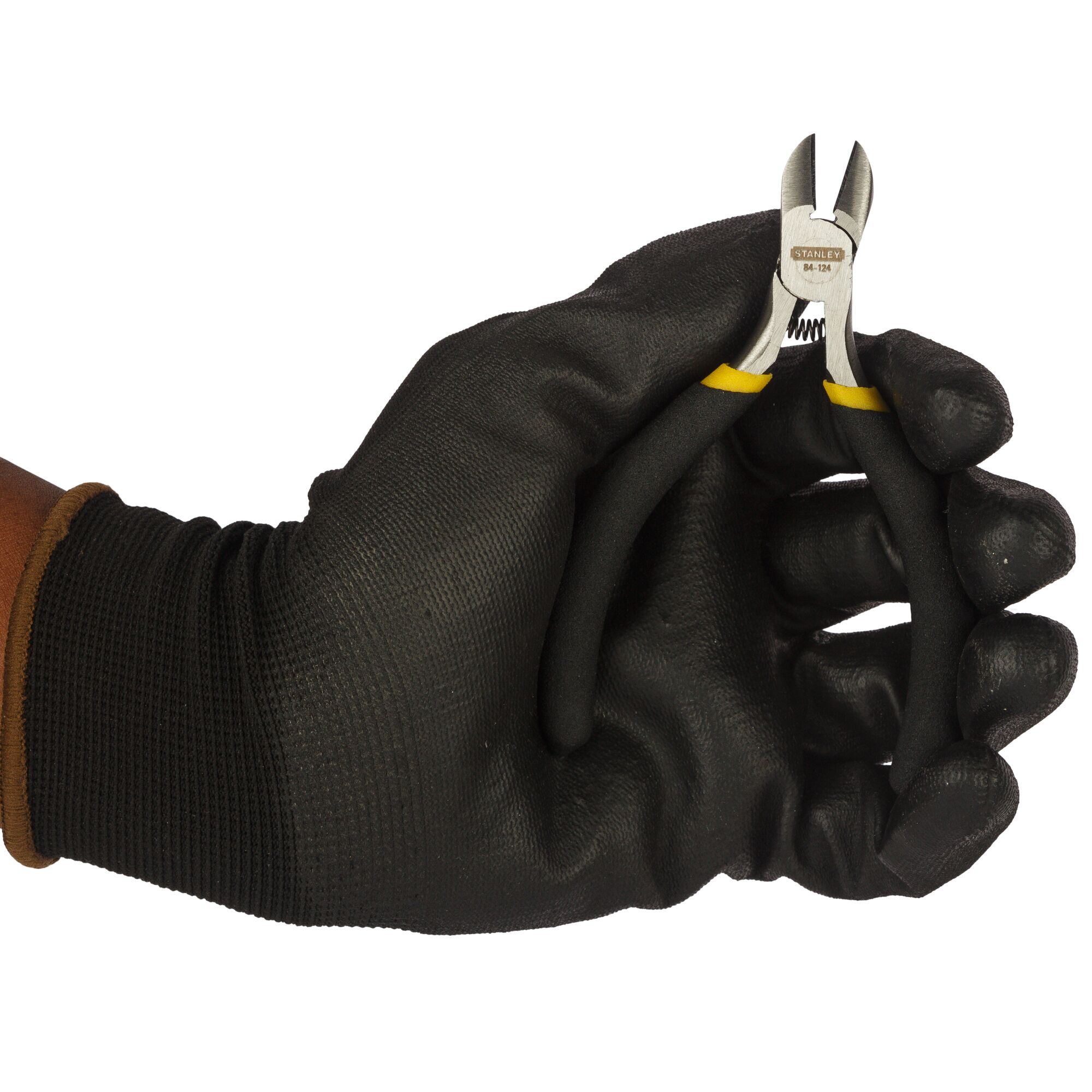 STANLEY STHT84124-8 photography of diagonal cutting pliers held in a black gloved hand, front angle.
