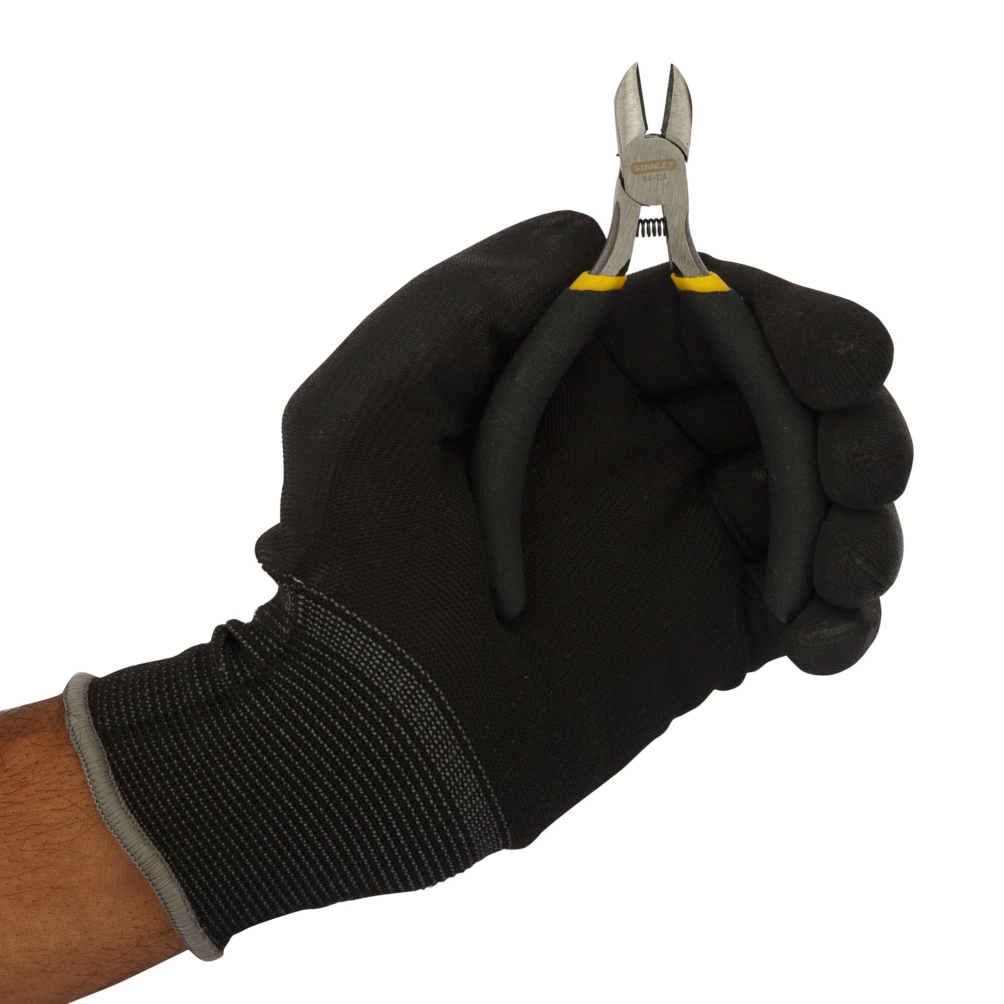 STANLEY STHT84124-8 diagonal cutting pliers held in a gloved hand, front angle, photography.