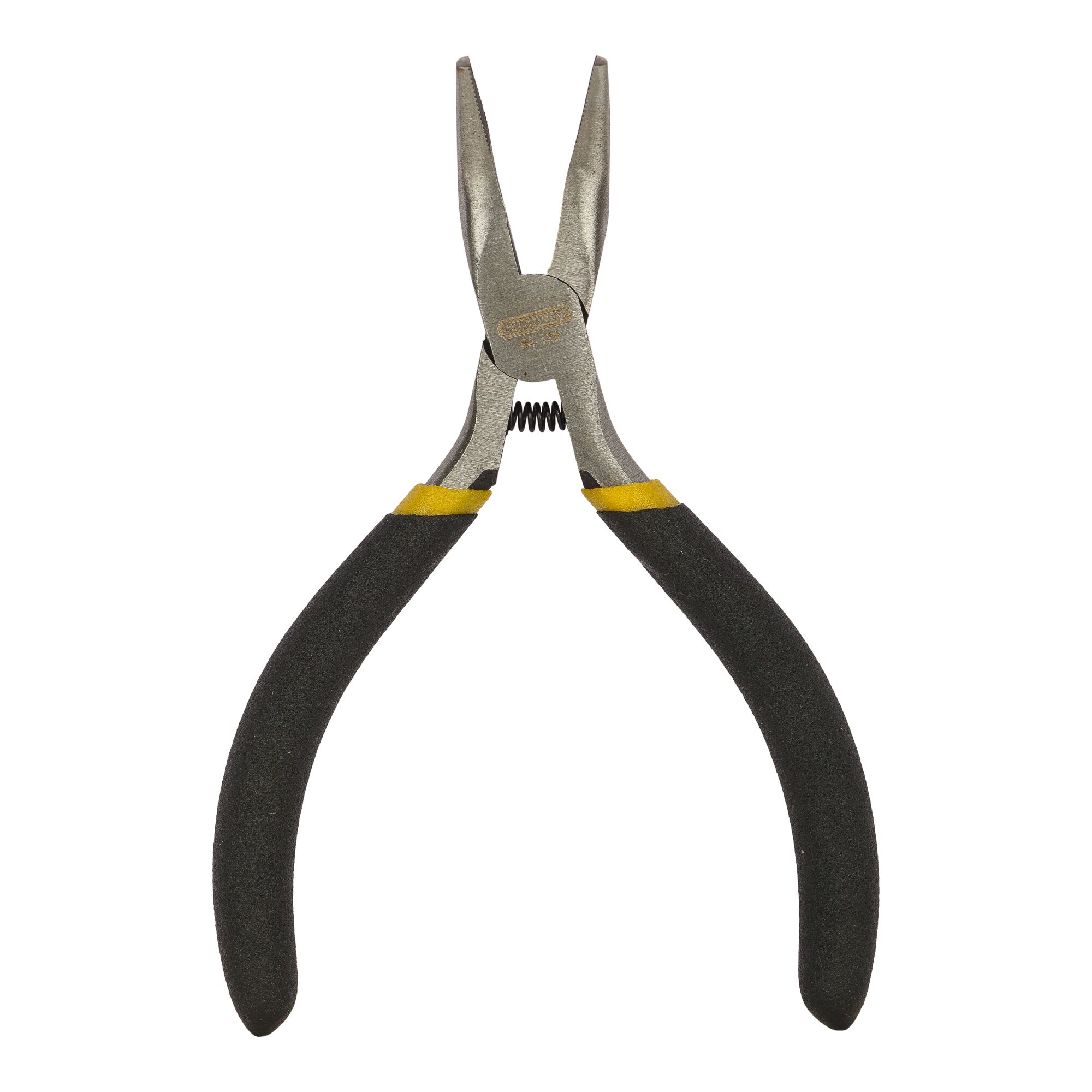 STANLEY STHT84126-8 pliers with black and yellow grip handles, tool category, front angle on white background.