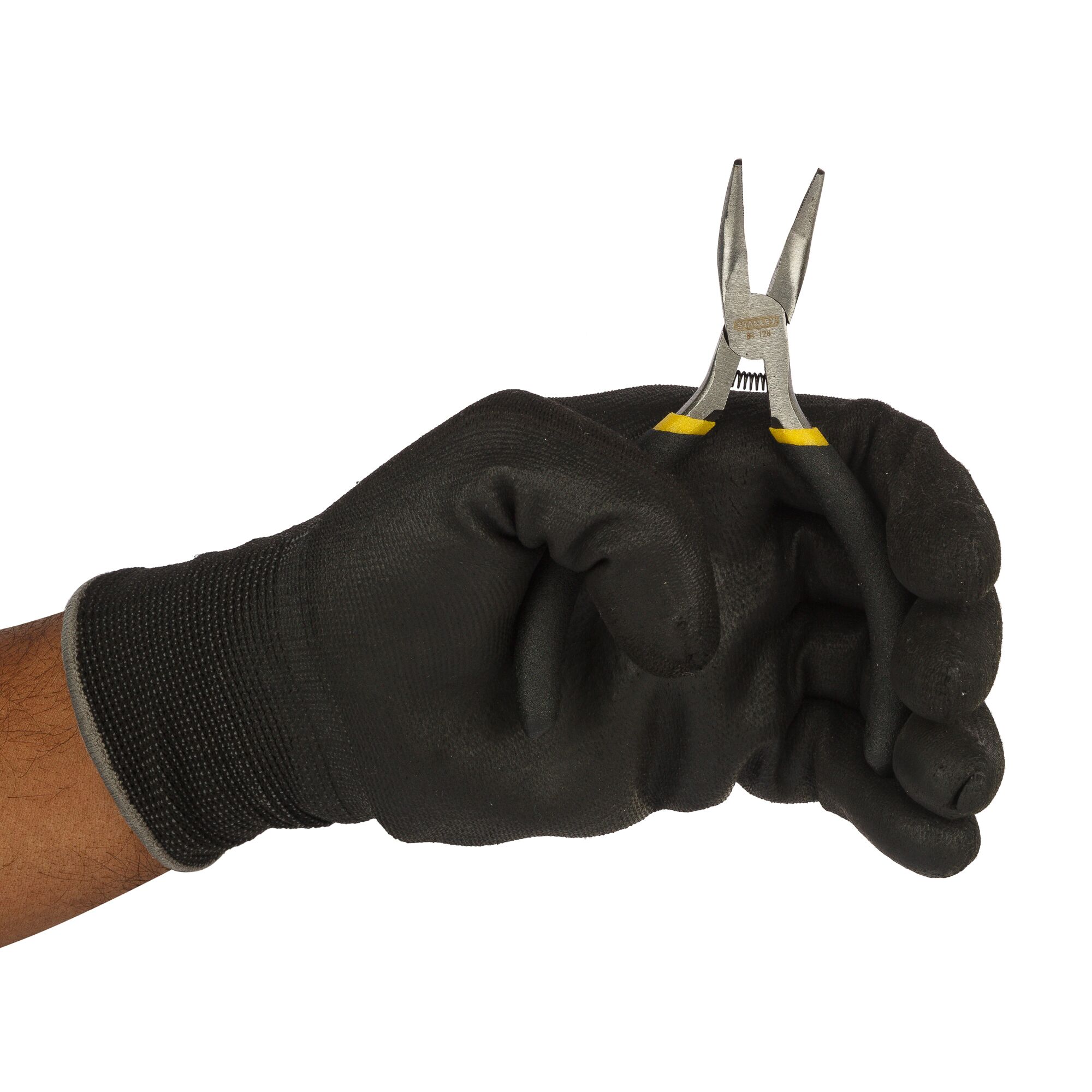 STANLEY STHT84126-8 mini pliers held in gloved hand, product photography front angle.