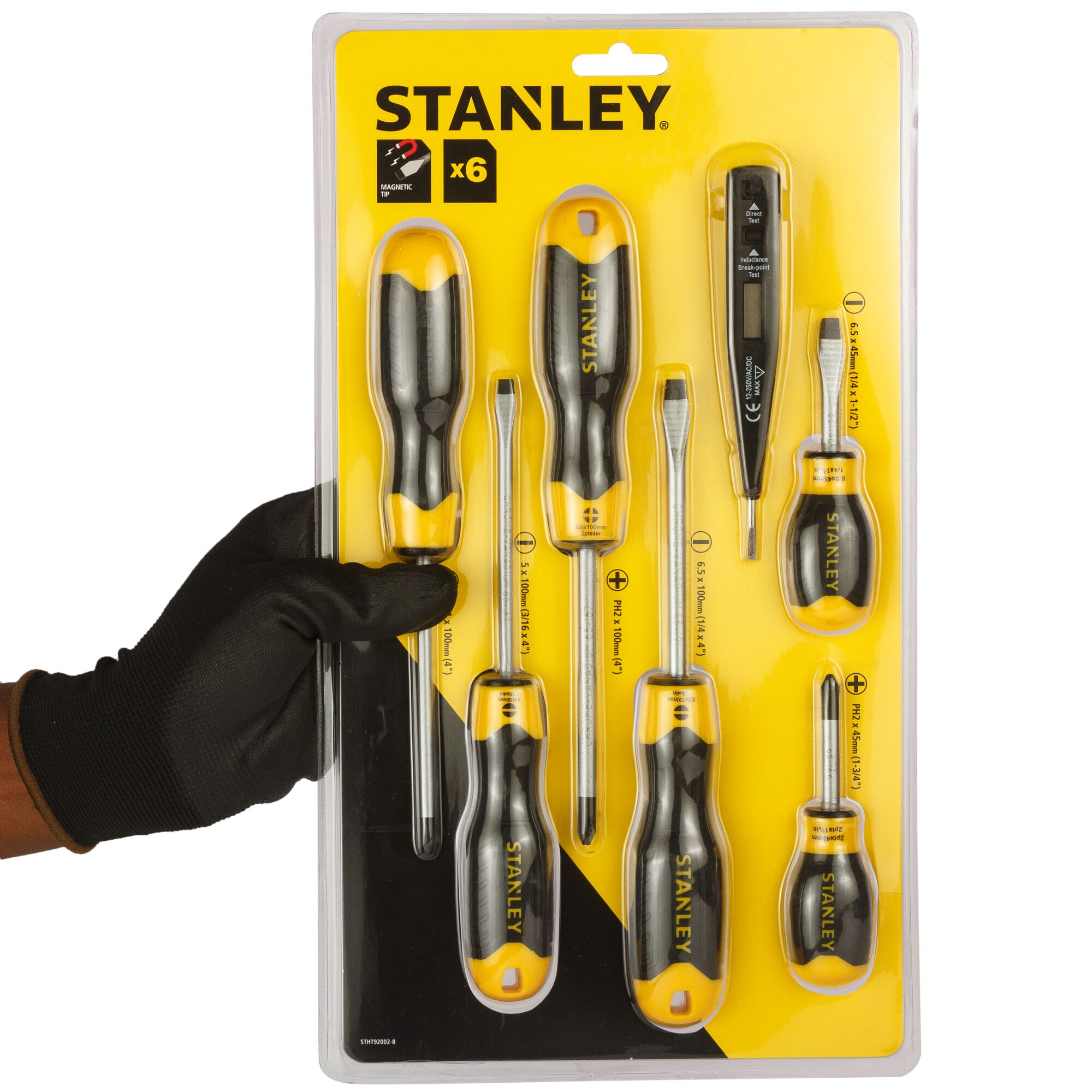 STANLEY STHT92002-8 screwdriver set photo, six black and yellow screwdrivers in packaging, front view.
