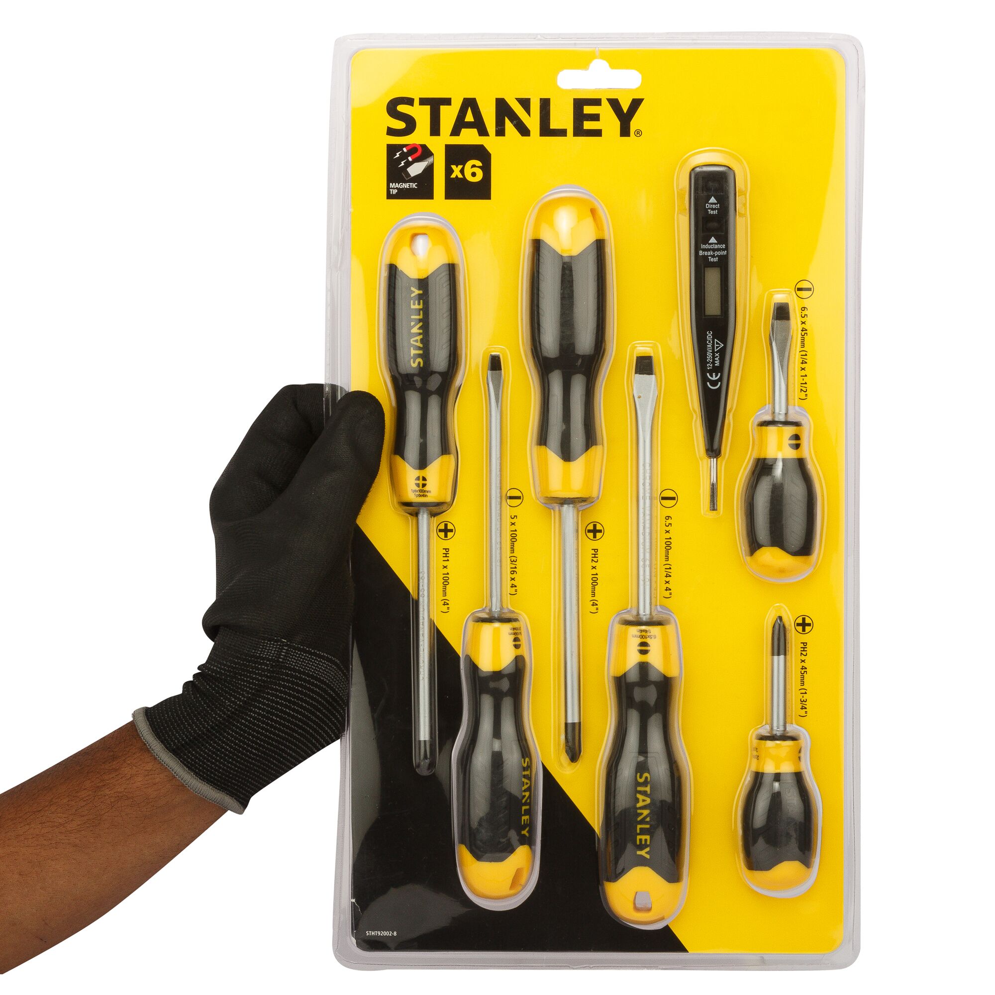 STANLEY STHT92002-8 screwdriver set, six-piece, yellow and black handles in retail packaging, hand holding pack.