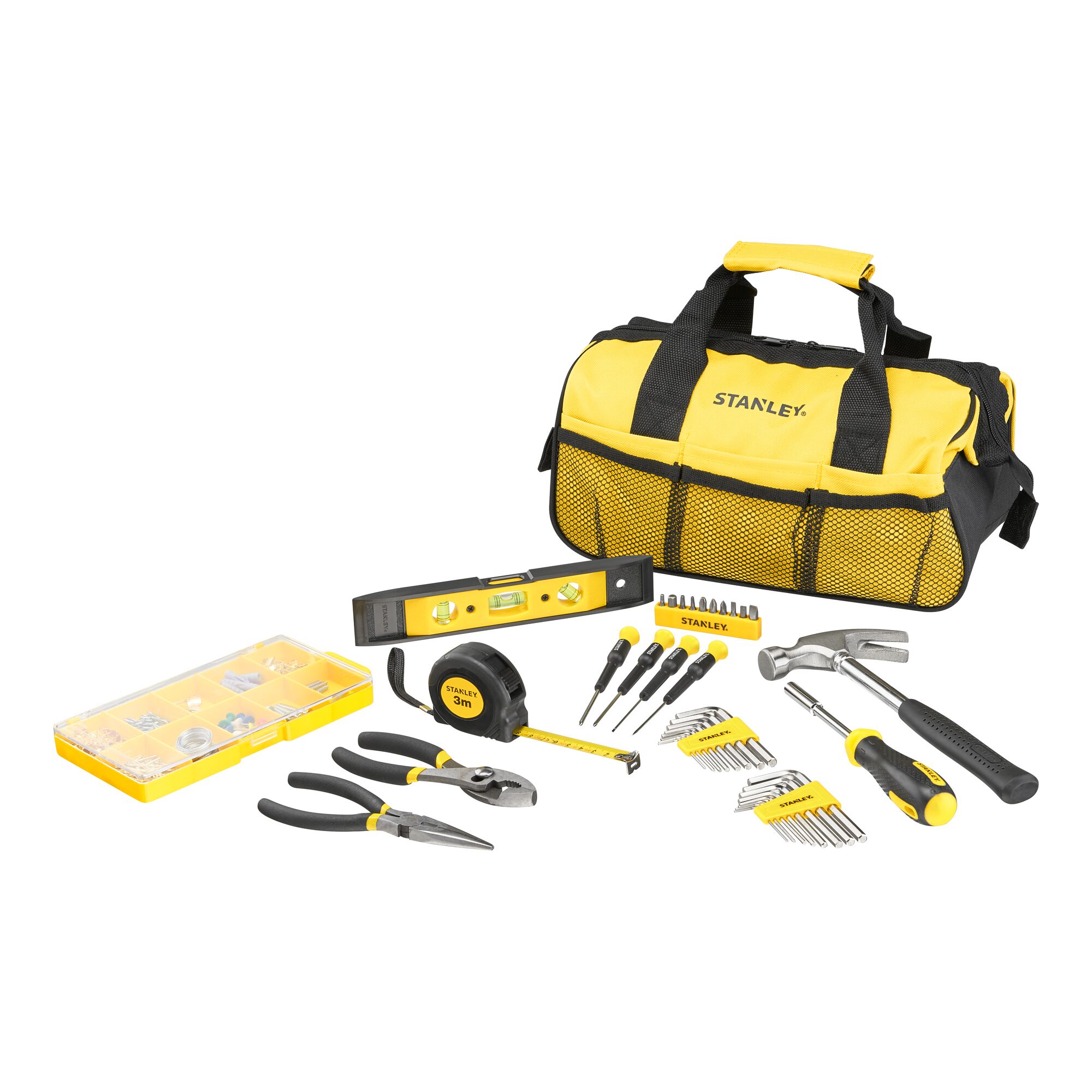 STANLEY STMT0-74101 tool bag set with assorted hand tools, front angle on white background.