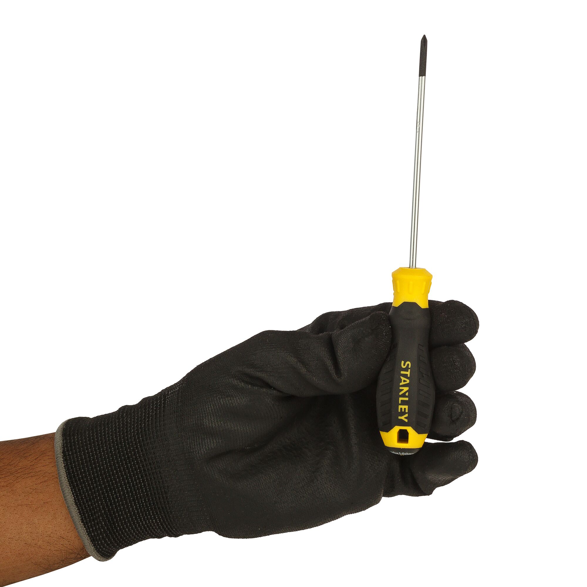 Photo of STANLEY STMT60801-840 screwdriver with yellow and black handle, held in a gloved hand, side angle.
