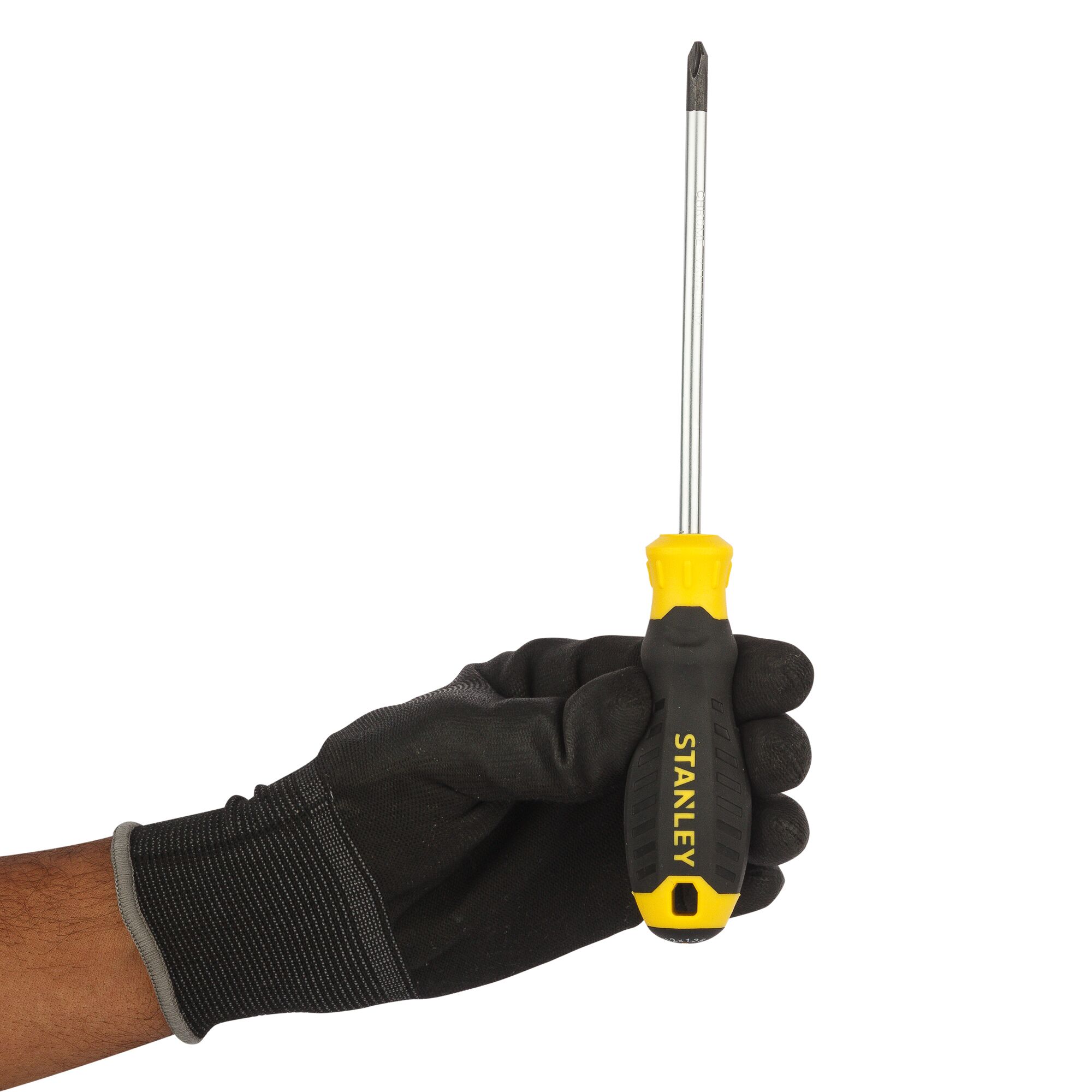 Photo of STANLEY STMT60810-8 Phillips screwdriver with yellow and black handle held by gloved hand, side angle.