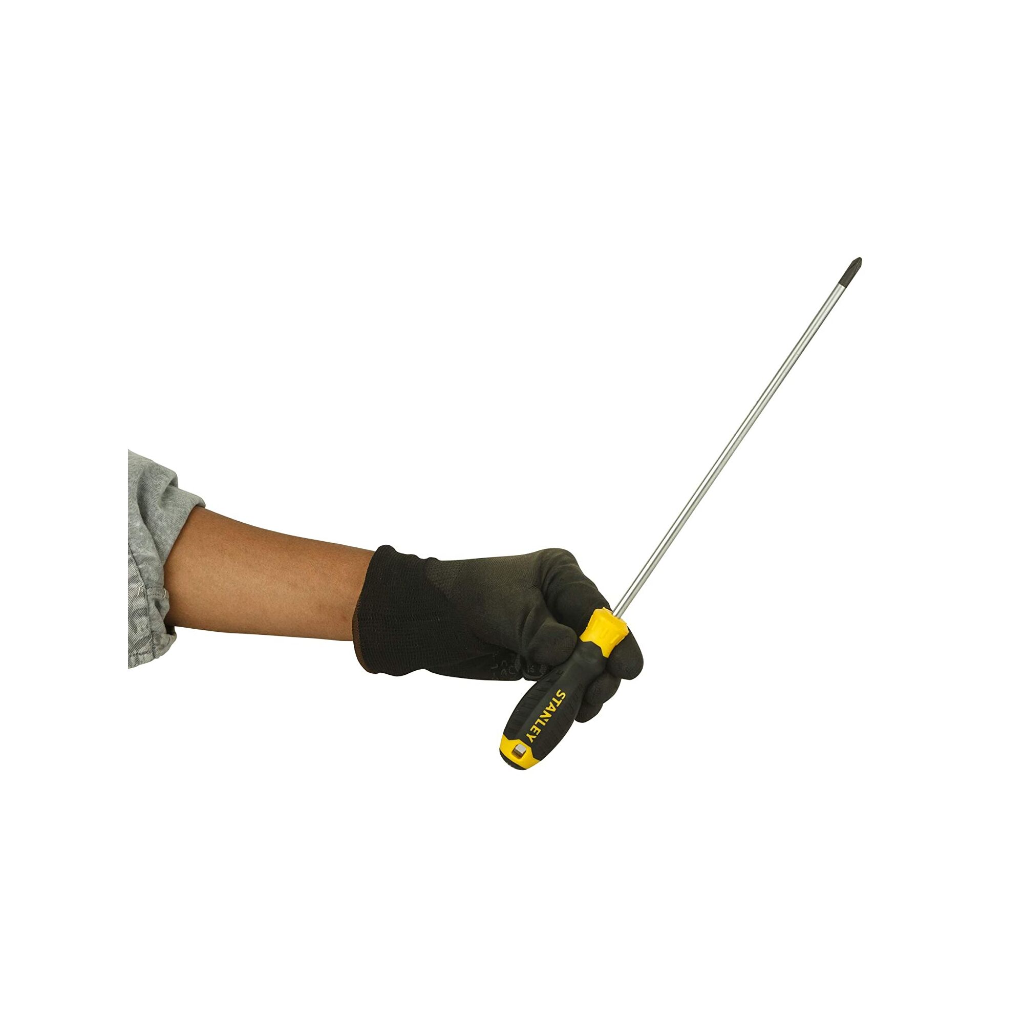 Photo of STANLEY STMT60813-8 long Phillips screwdriver held in a gloved hand, front angle.
