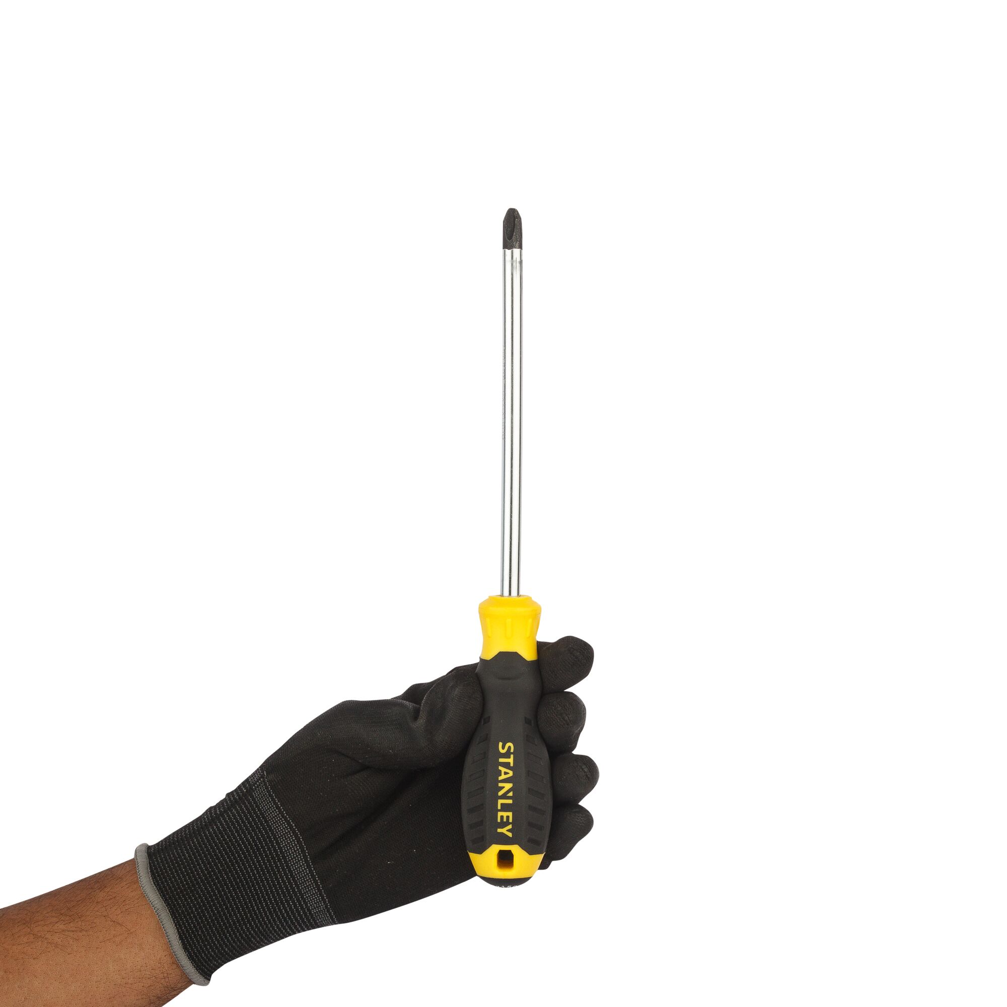 Photo of STANLEY STMT60814-8 Phillips screwdriver with yellow and black handle, held in gloved hand, front view.