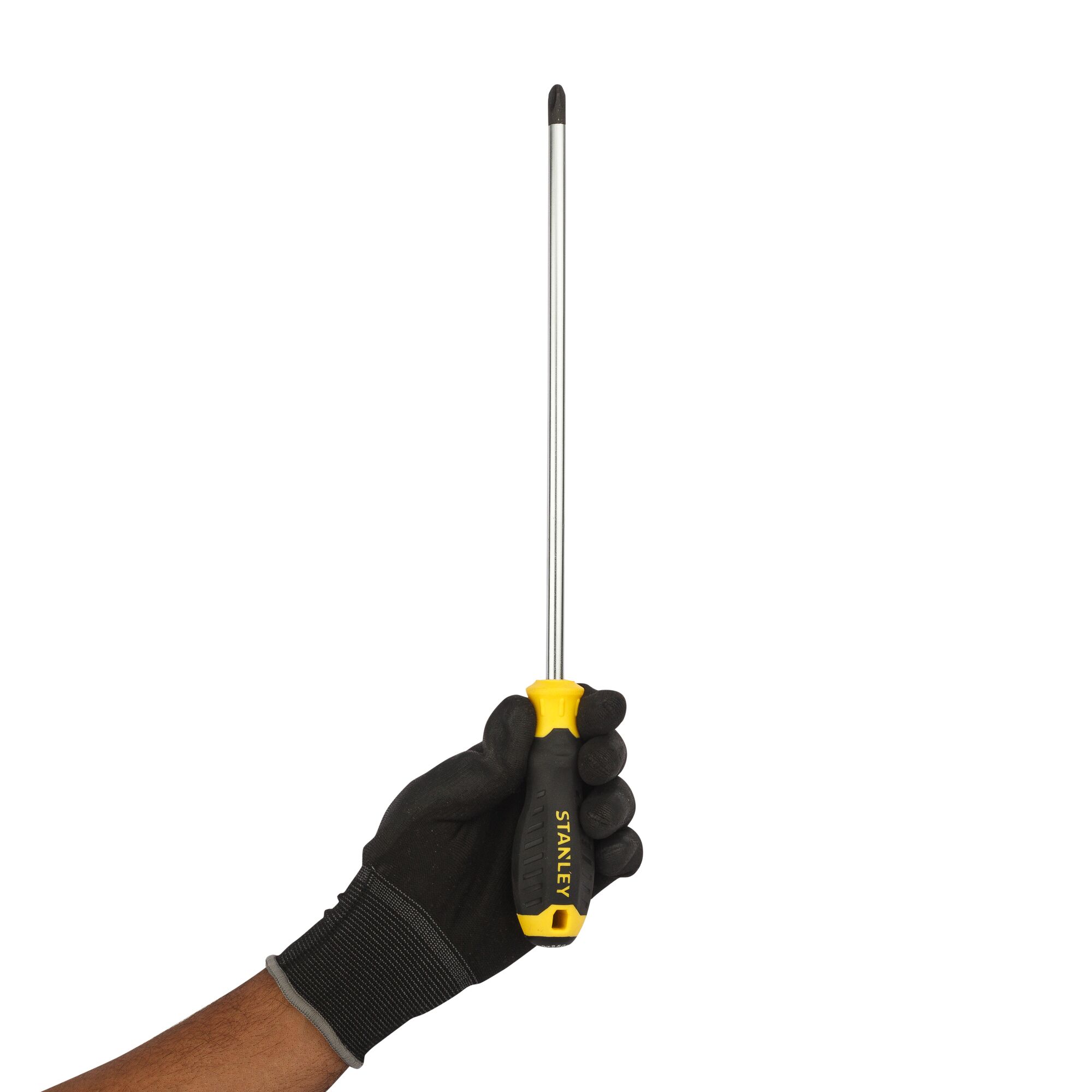 Photo of STANLEY STMT60816-840 long Phillips screwdriver held in a gloved hand, front angle, yellow and black handle.
