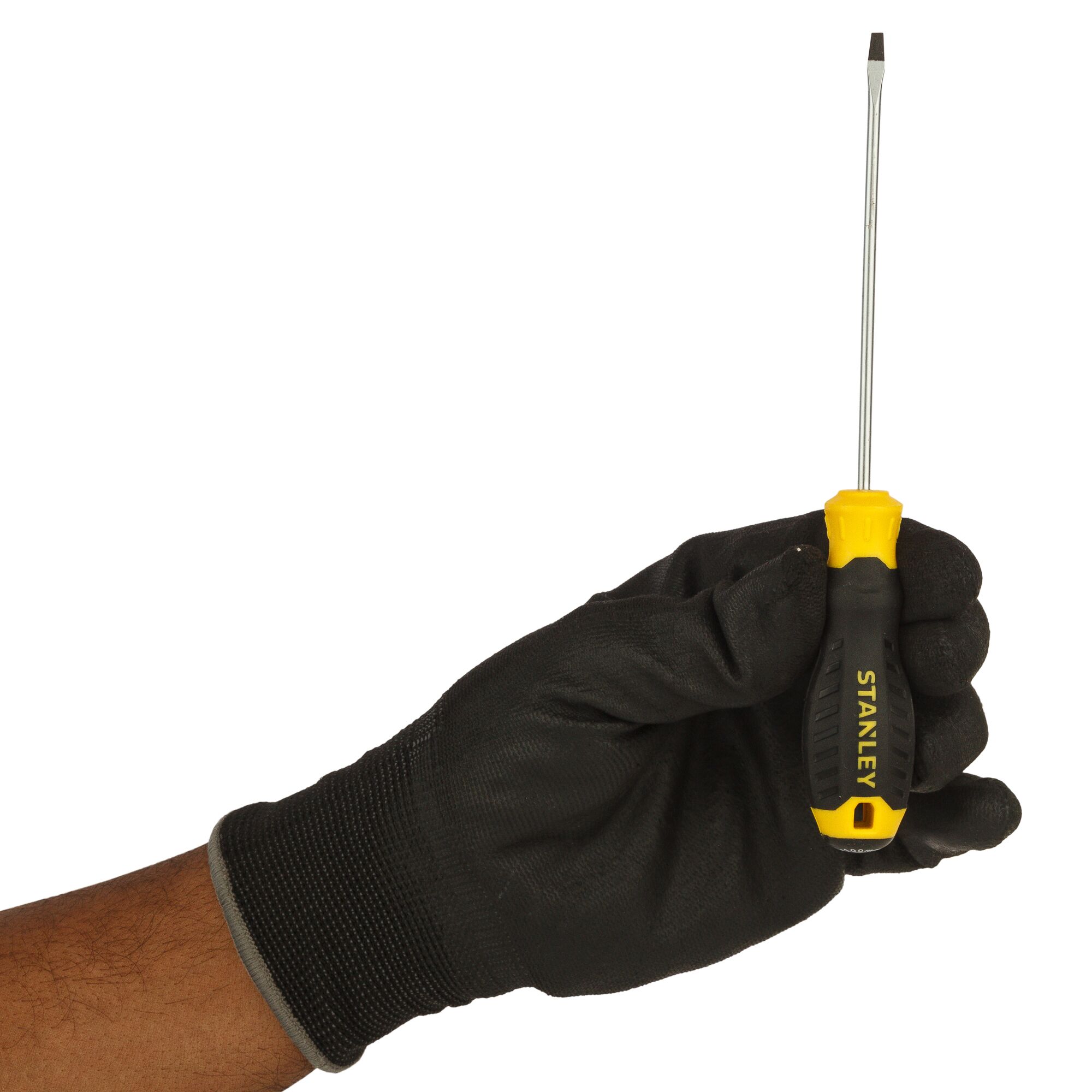 Photo of STANLEY STMT60818-8 flathead screwdriver with yellow and black handle held by a gloved hand.