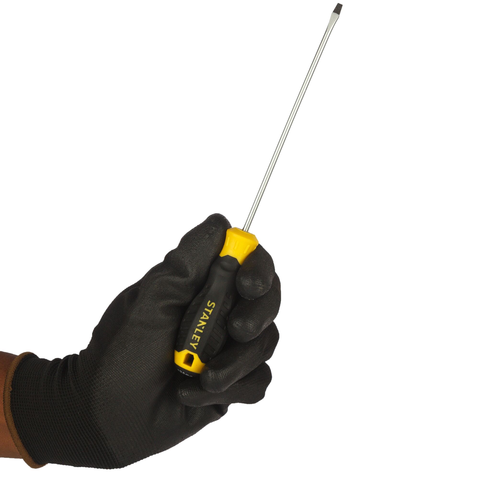 Photo of STANLEY STMT60819-8 screwdriver with yellow and black handle held in gloved hand, front angle.