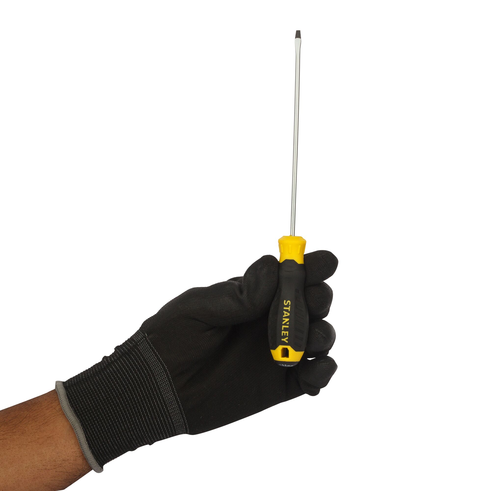 STANLEY STMT60819-8 screwdriver with black and yellow handle held by gloved hand, front angle.