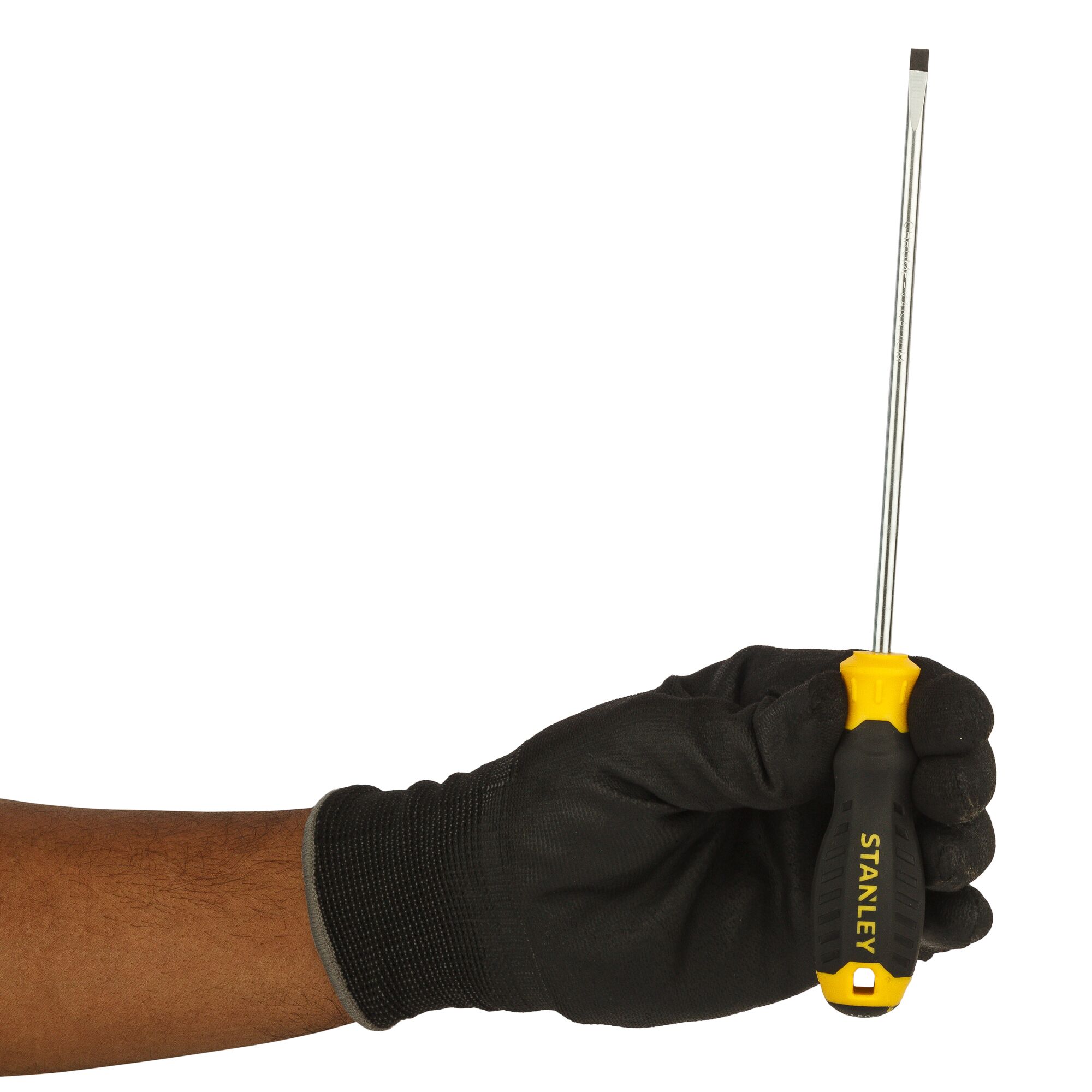 STANLEY STMT60835-8 flathead screwdriver with black and yellow handle held in gloved hand, side angle.
