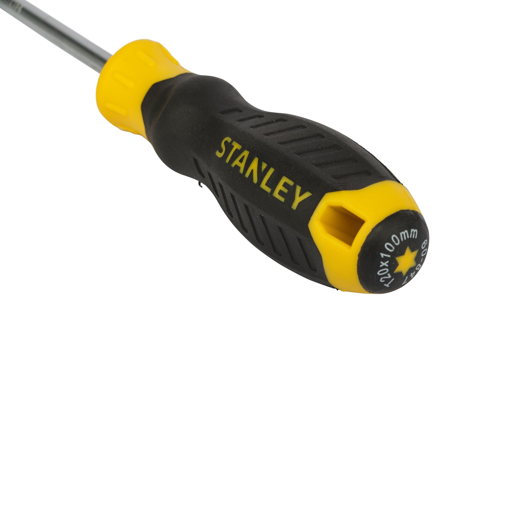 Photo of STANLEY STMT60847-8 black and yellow screwdriver handle, side angle, product category photography.