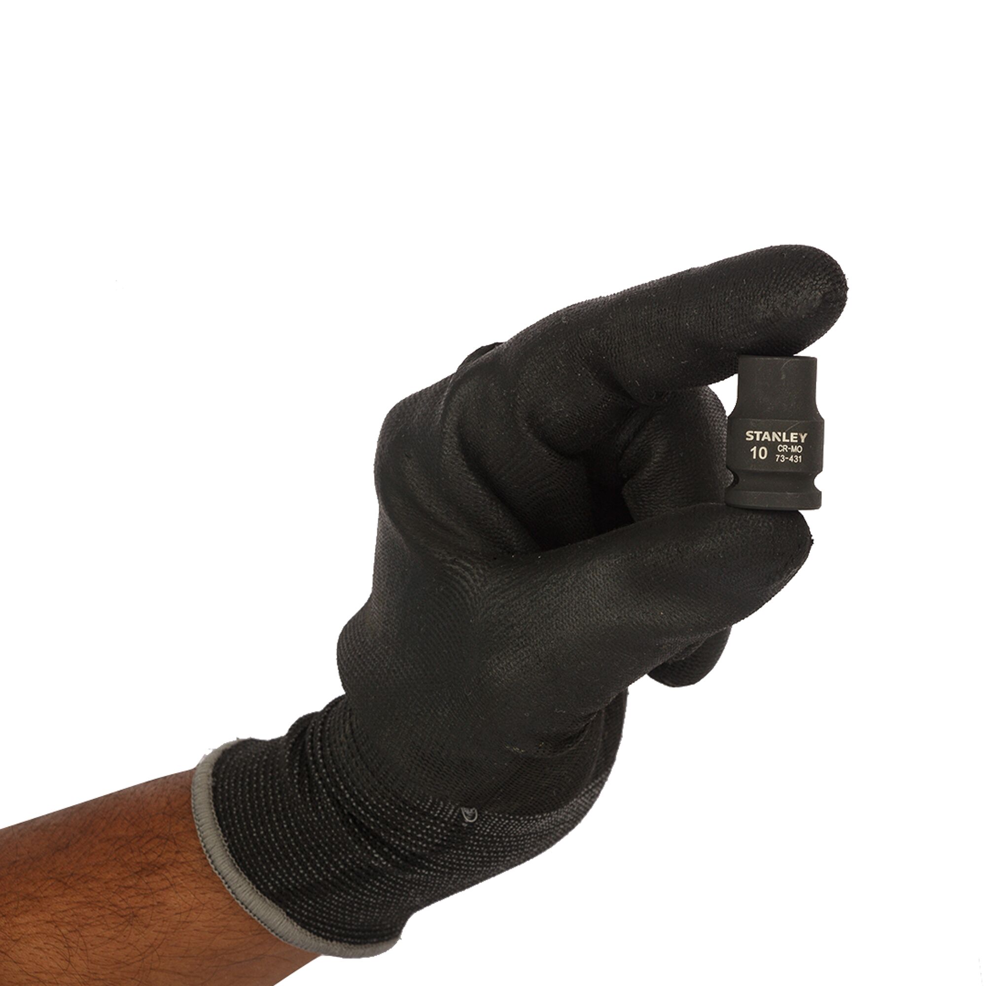 Photo of STANLEY STMT73431-8B socket held by hand in black glove, product category photography, side angle.