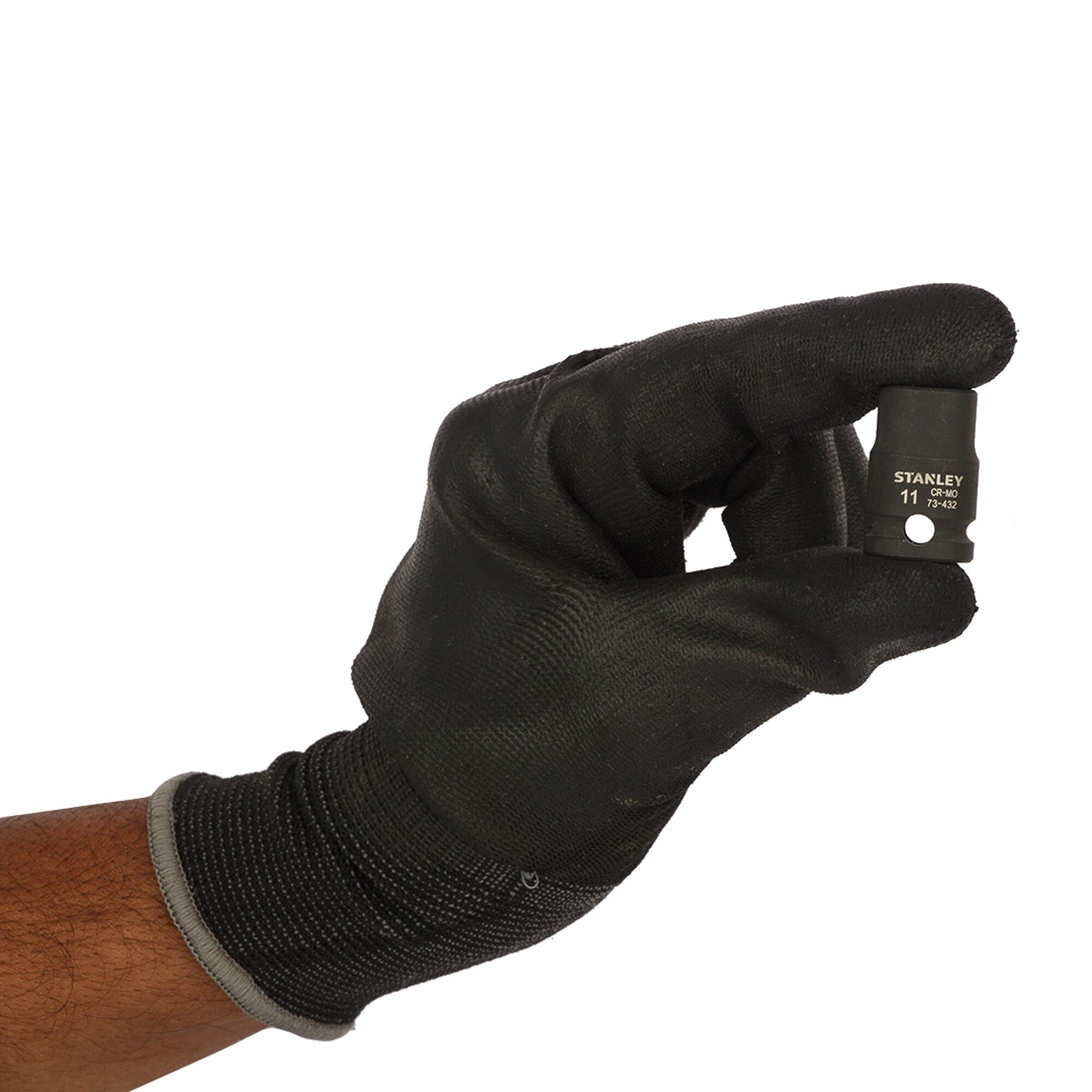 Stanley STMT73432-8B socket held in gloved hand, photography with white background.