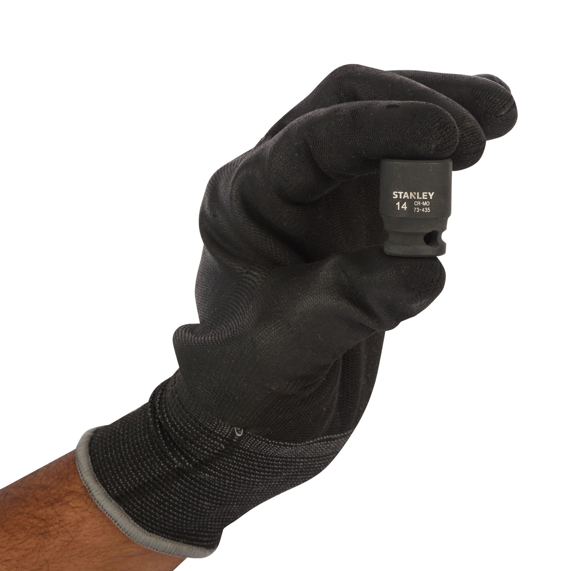 A gloved hand holds a black Stanley 14mm socket tool, model STMT73435-8B, used for mechanical tasks.