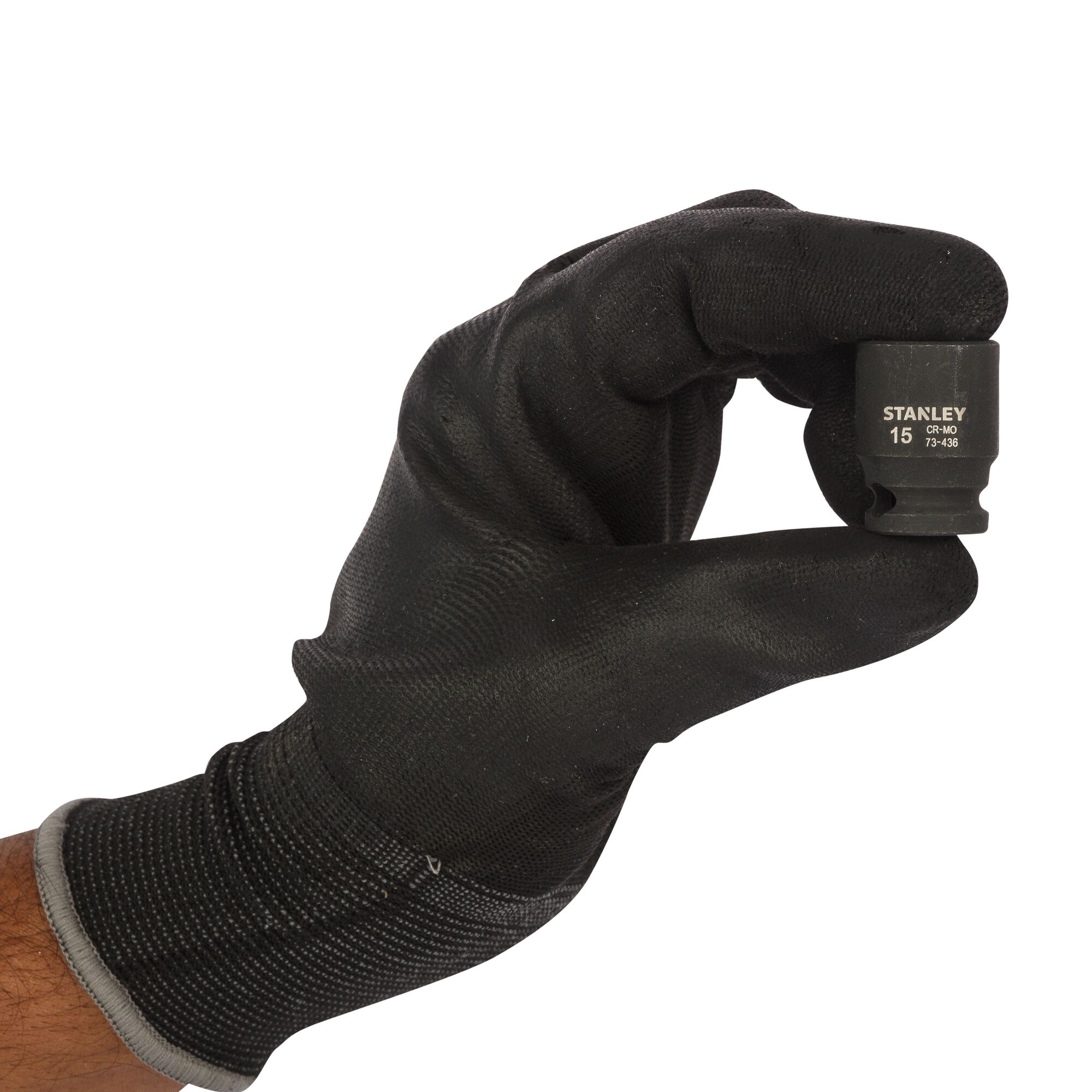 Photo of STANLEY STMT73436-8B socket held in a gloved hand, front view against white background.