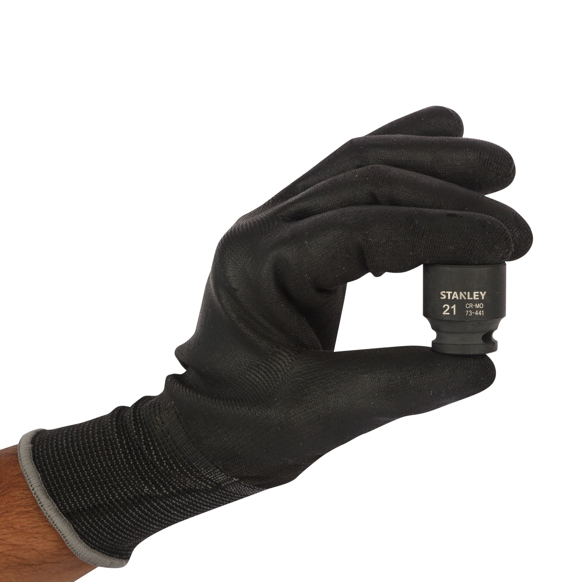 Stanley STMT73441-8B impact socket held by gloved hand, front angle, black finish.