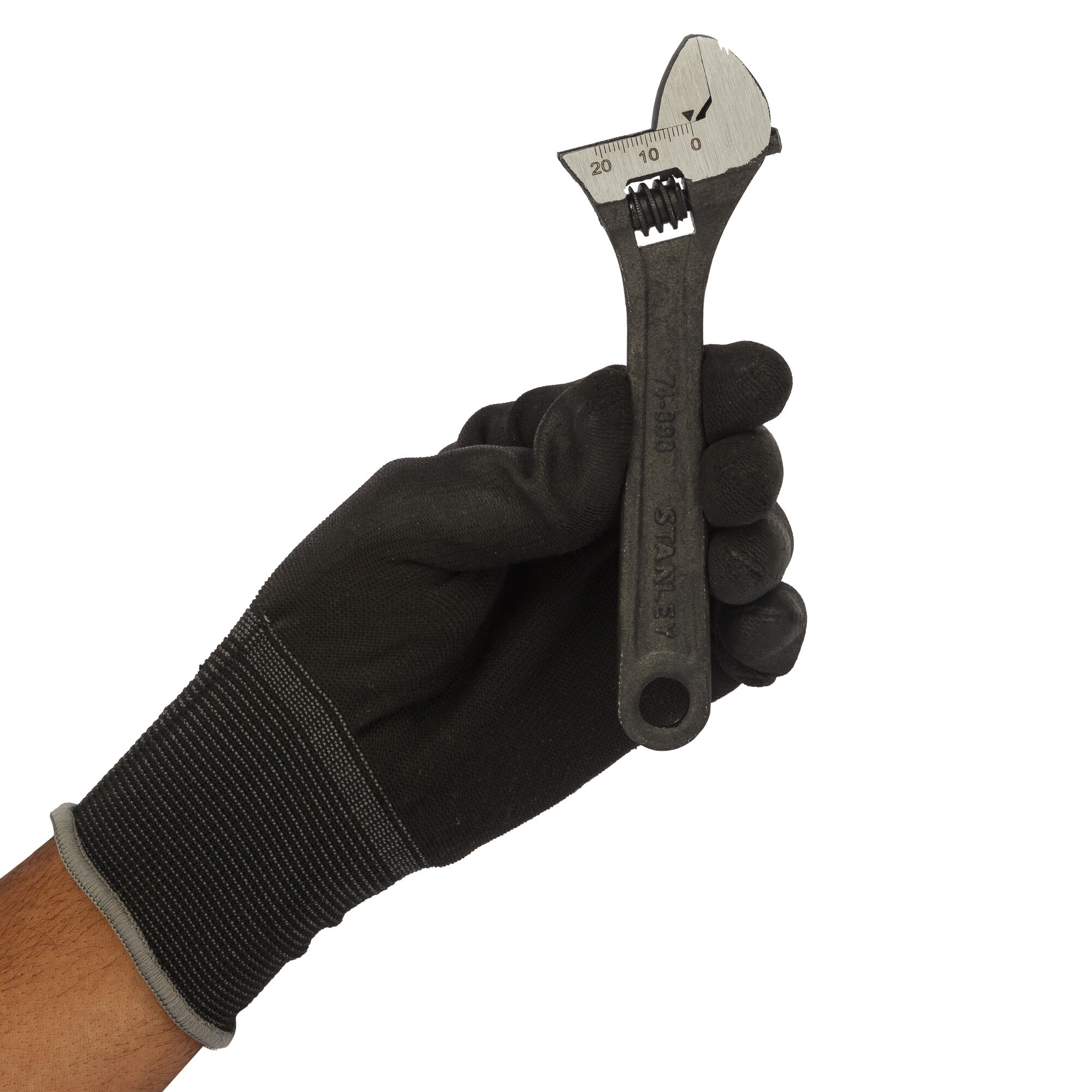 Photo of STANLEY STMT74893-8 adjustable wrench held by a hand in black glove, front angle.