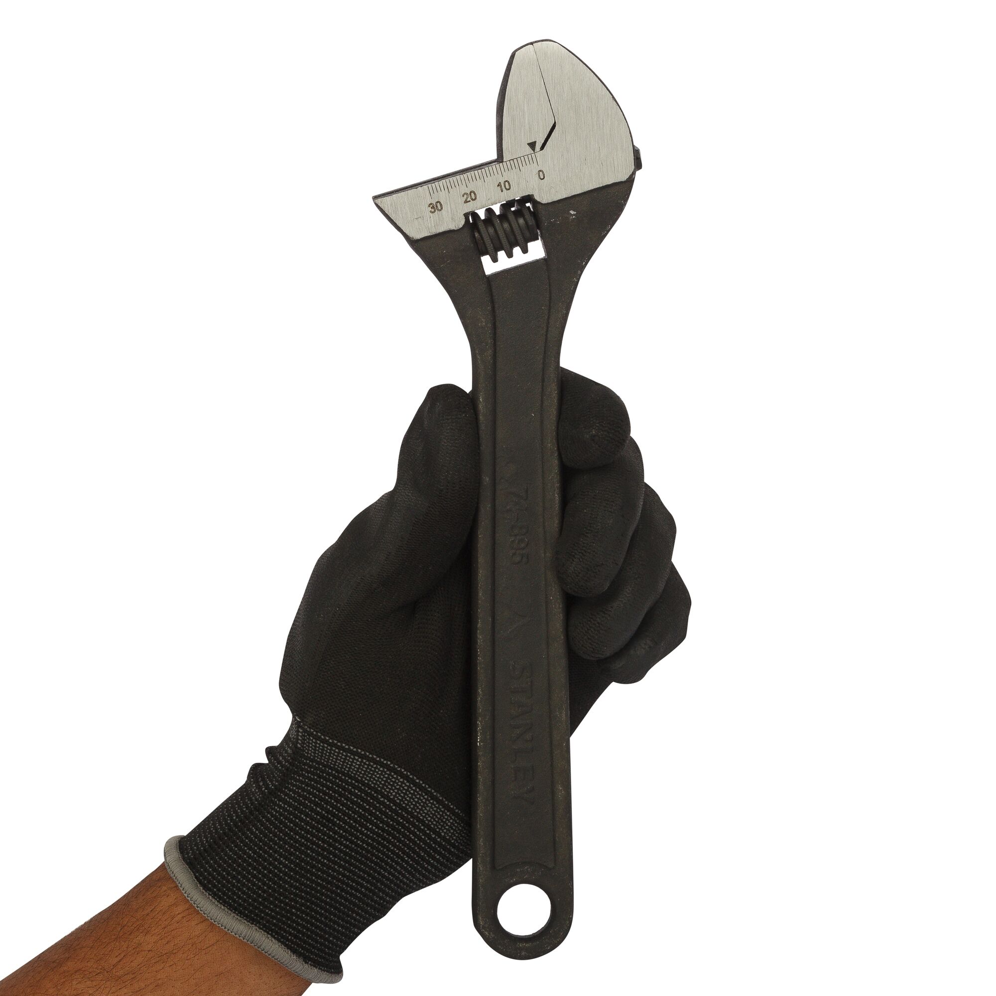 Photo of STANLEY STMT74895-8 adjustable wrench held by a gloved hand, white background, tool category.
