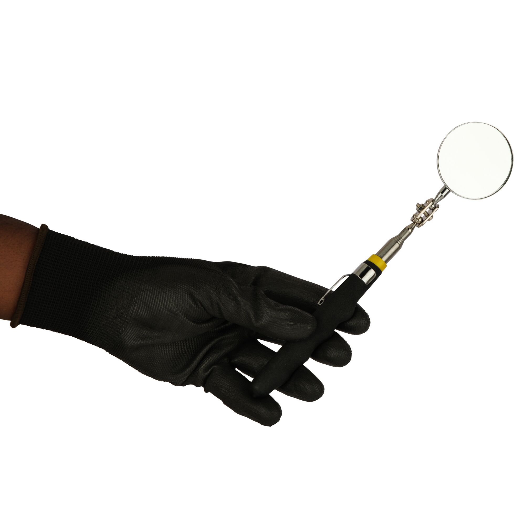 STANLEY STMT78241-8 inspection mirror tool held in a gloved hand, side angle on white background.