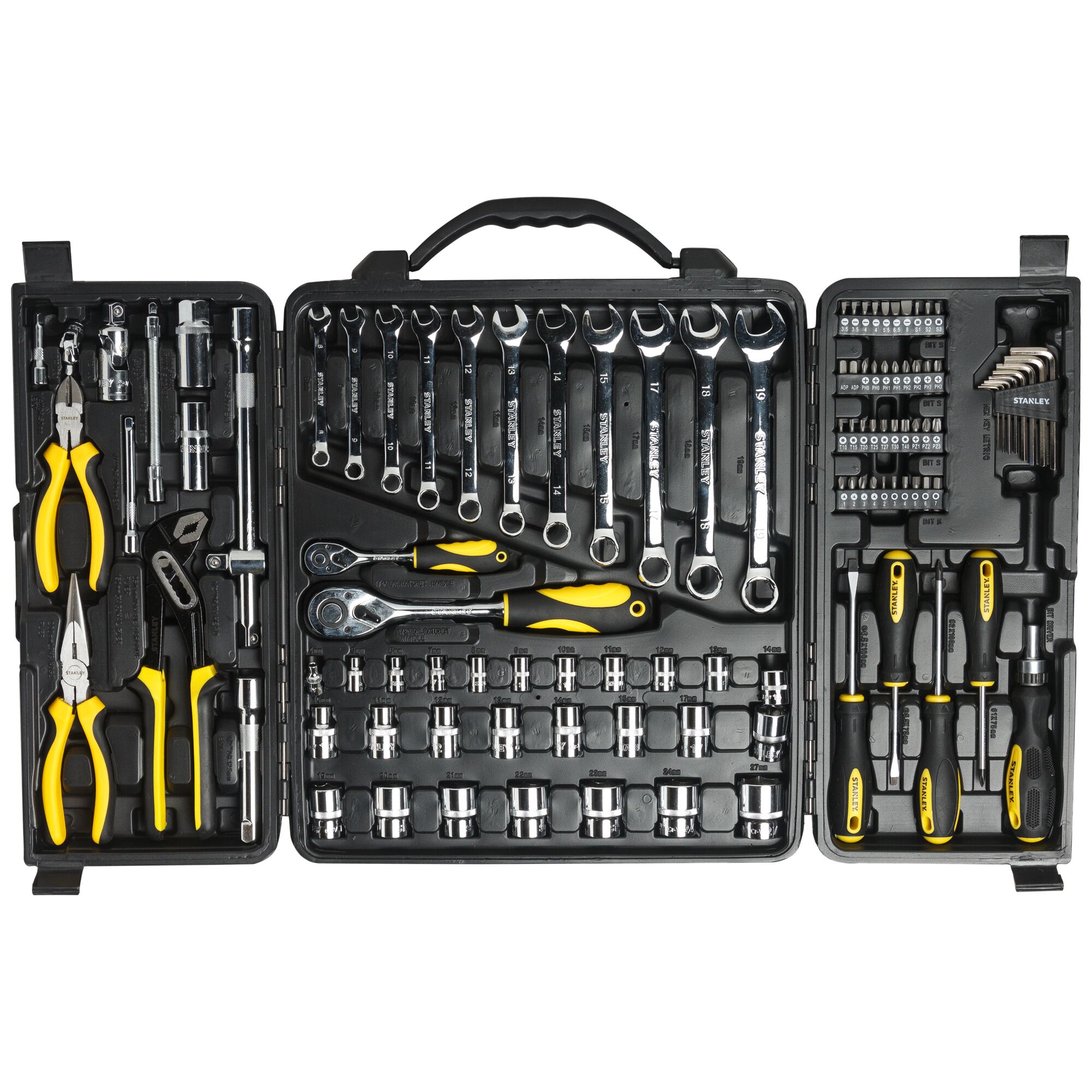STANLEY STMT81243 tool set with wrenches, screwdrivers, pliers and sockets in a black case, top view.