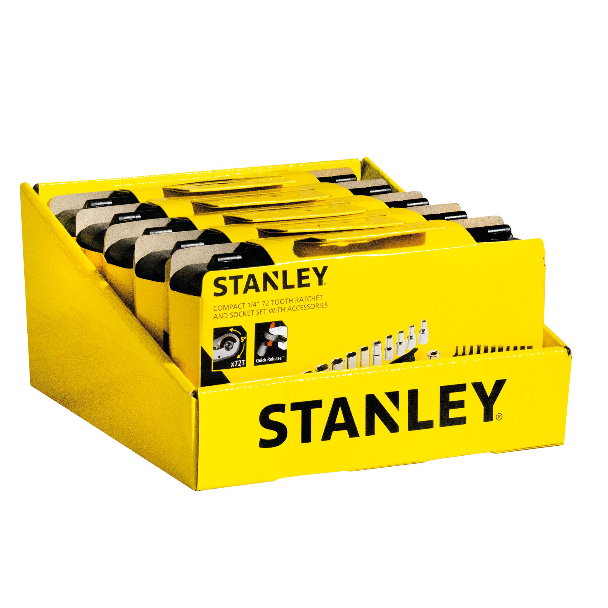 Stanley STMT82672-0 ratchet and socket set display box, yellow packaging, front angle.