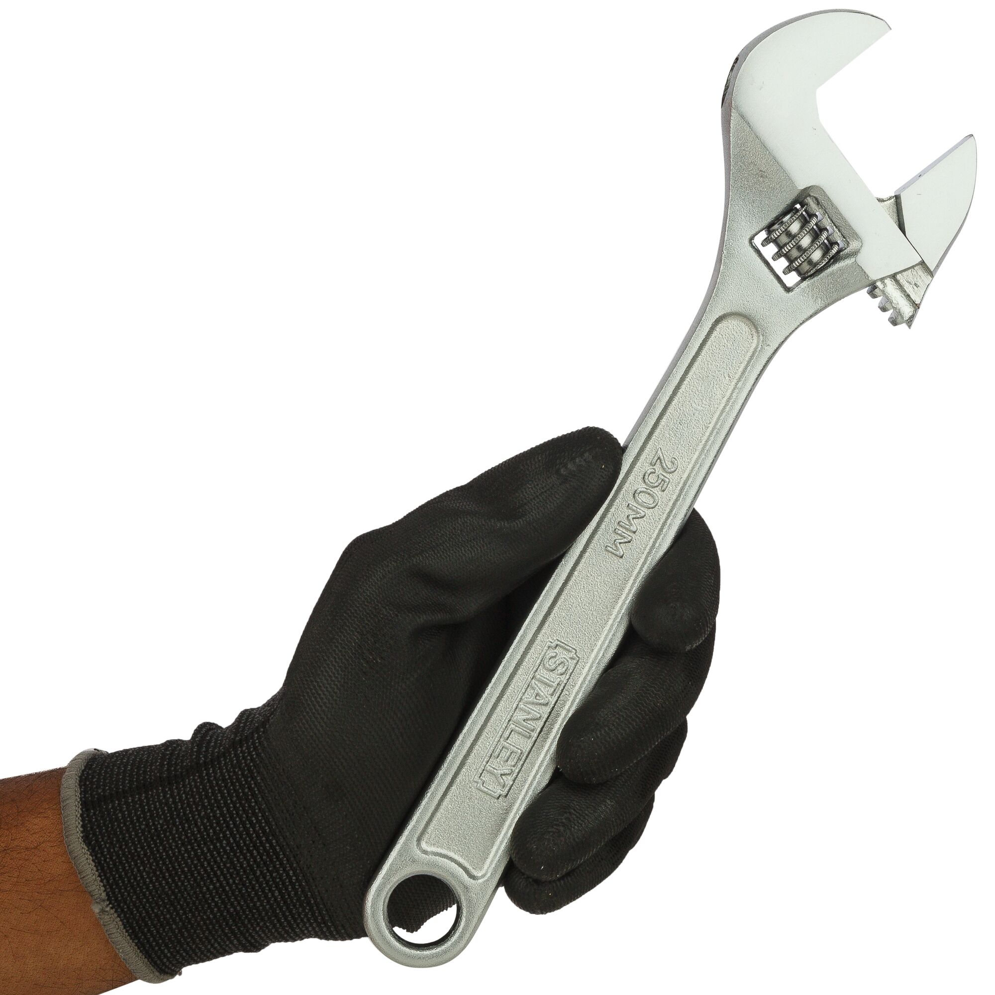 Photo of STANLEY STMT87433-8 adjustable wrench held in gloved hand, tool in side view.