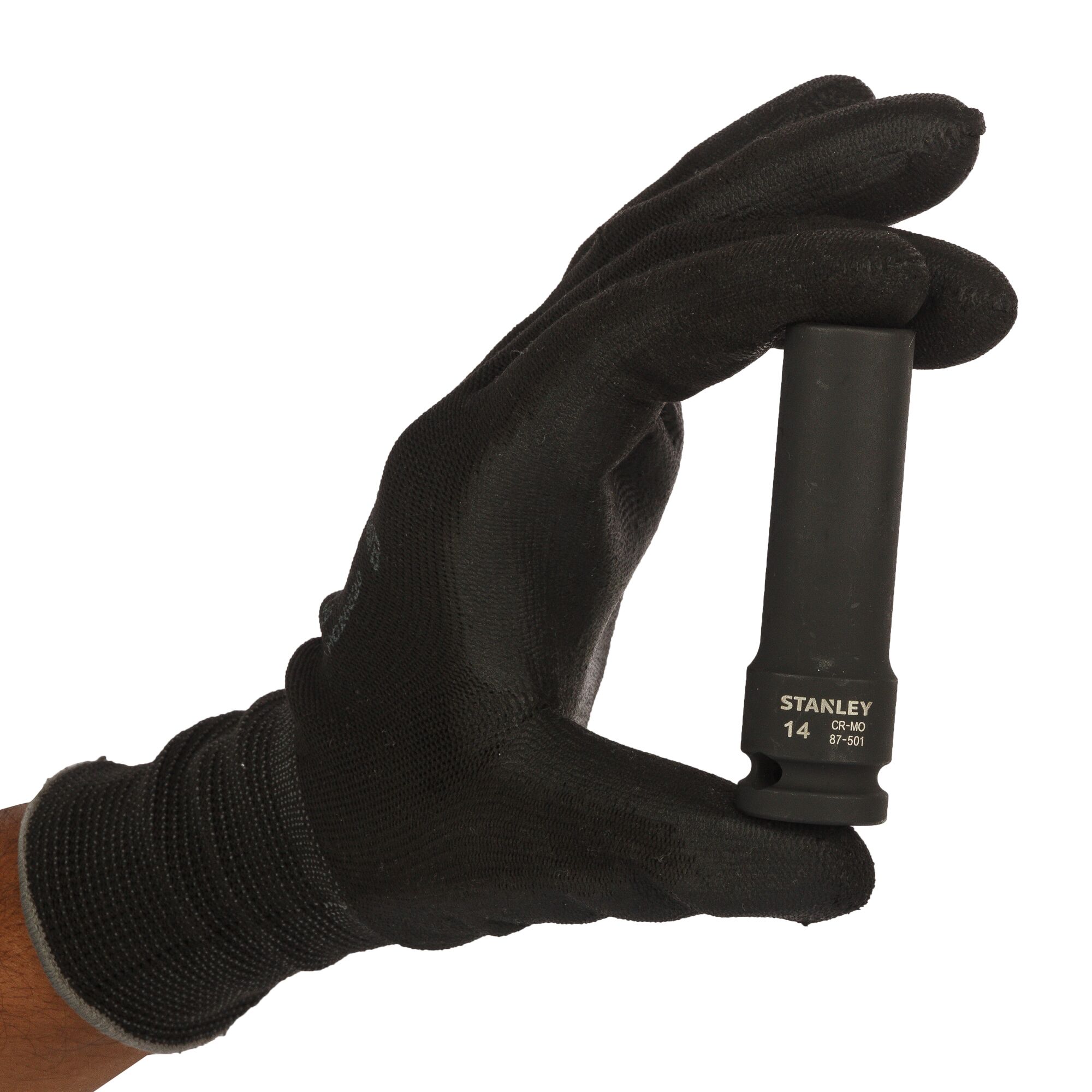 Photo of STANLEY STMT87501-8B socket held in a black glove hand, tool category, front angle.
