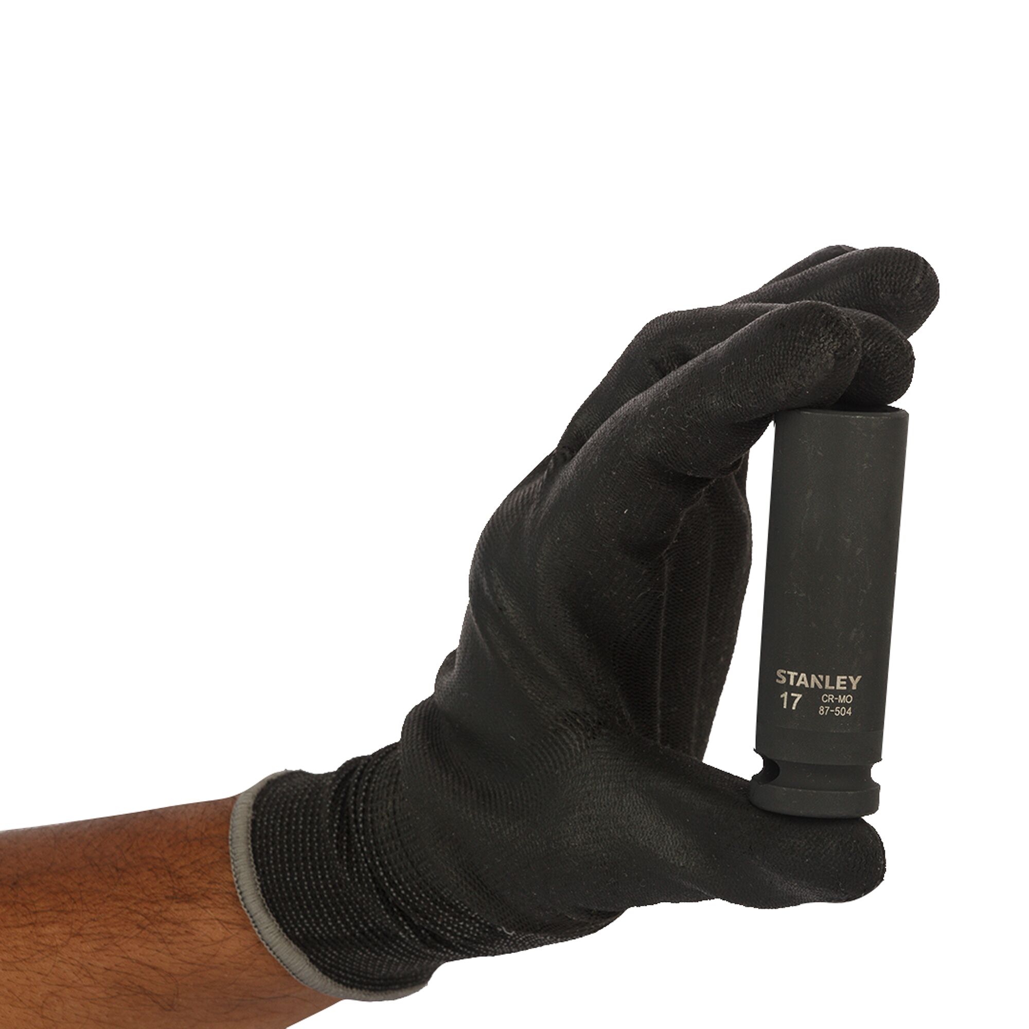 Photo of a hand in a black glove holding a STANLEY STMT87504-8B socket, photography product category.
