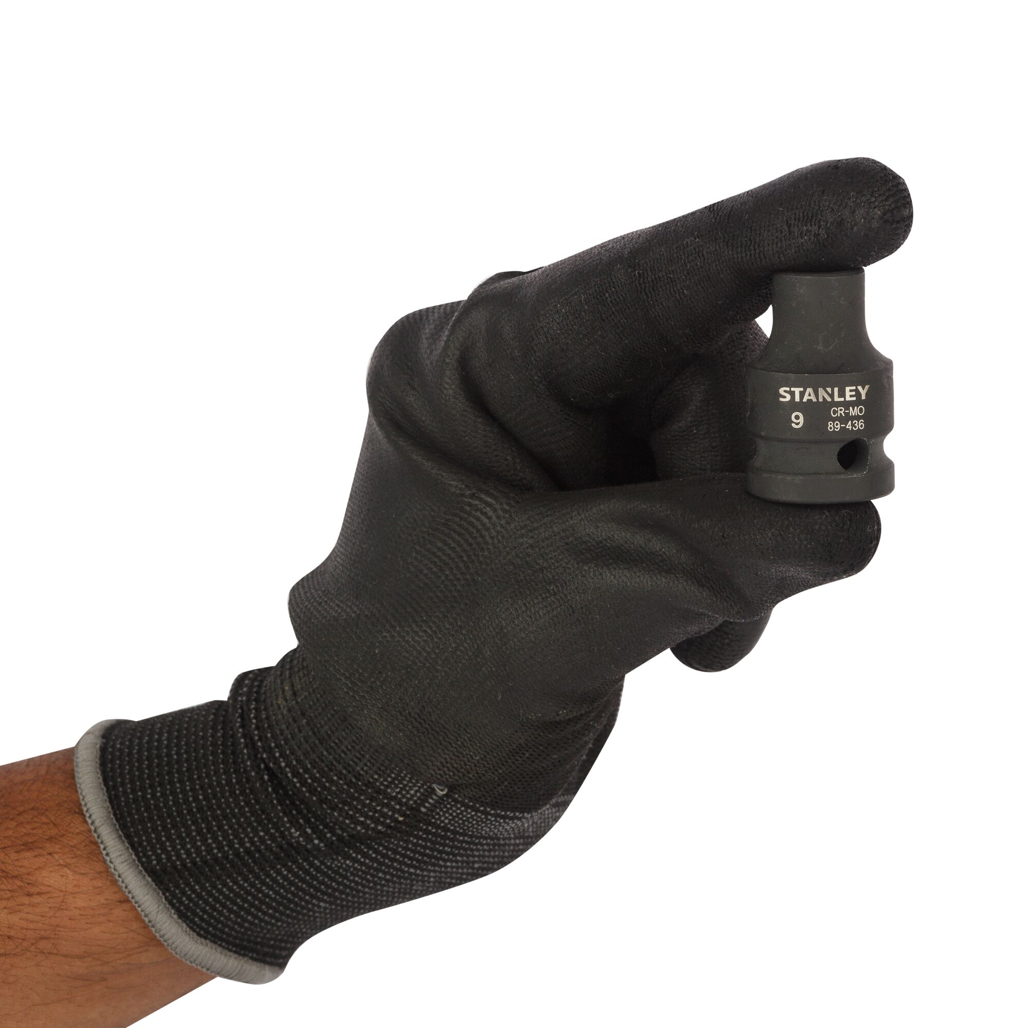 Stanley STMT89436-8B socket held by gloved hand, product photography, front view.